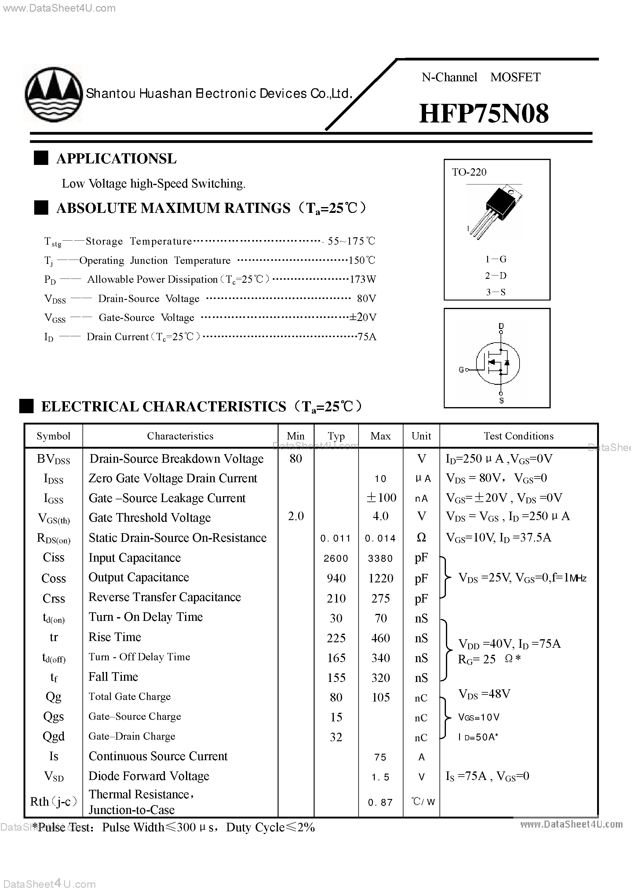 Datasheet HFP75N08 page 1 Datasheet HFP75N08 - N-Channel MOSFET page 1