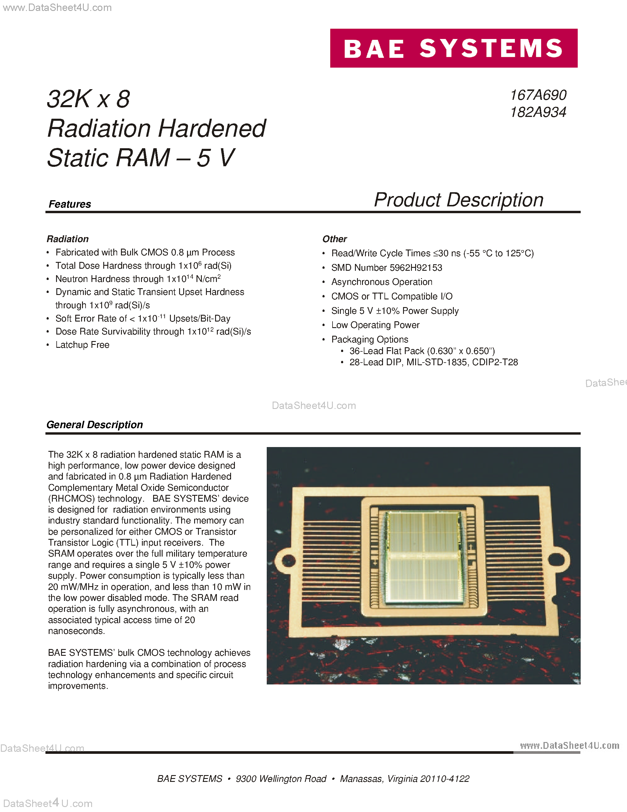 Datasheet 182A934 - 32K x 8 Radiation Hardened Static RAM page 1