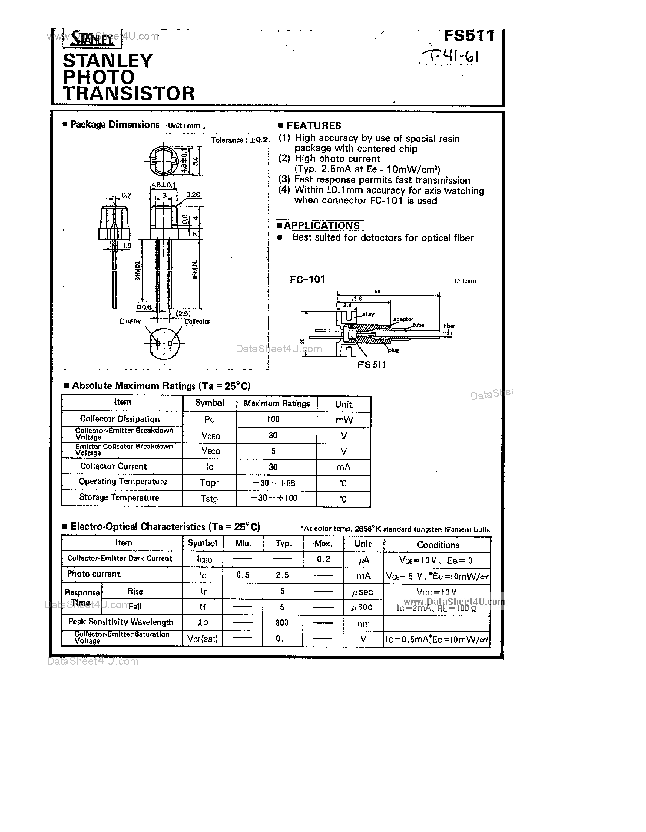 Datasheet FS511 page 1 Datasheet FS511 - Stanley Photo Transistor page 1