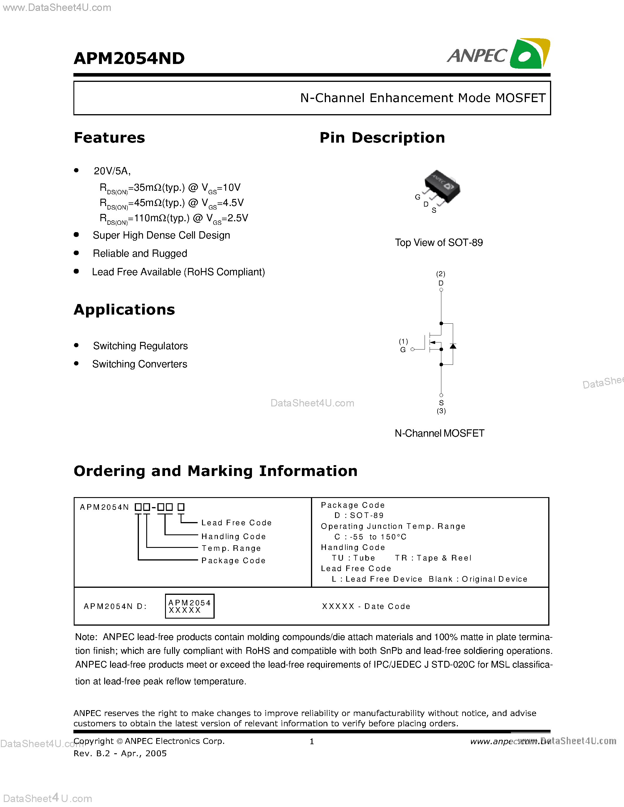 Datasheet APM2054ND - N-Channel Enhancement Mode MOSFET page 1