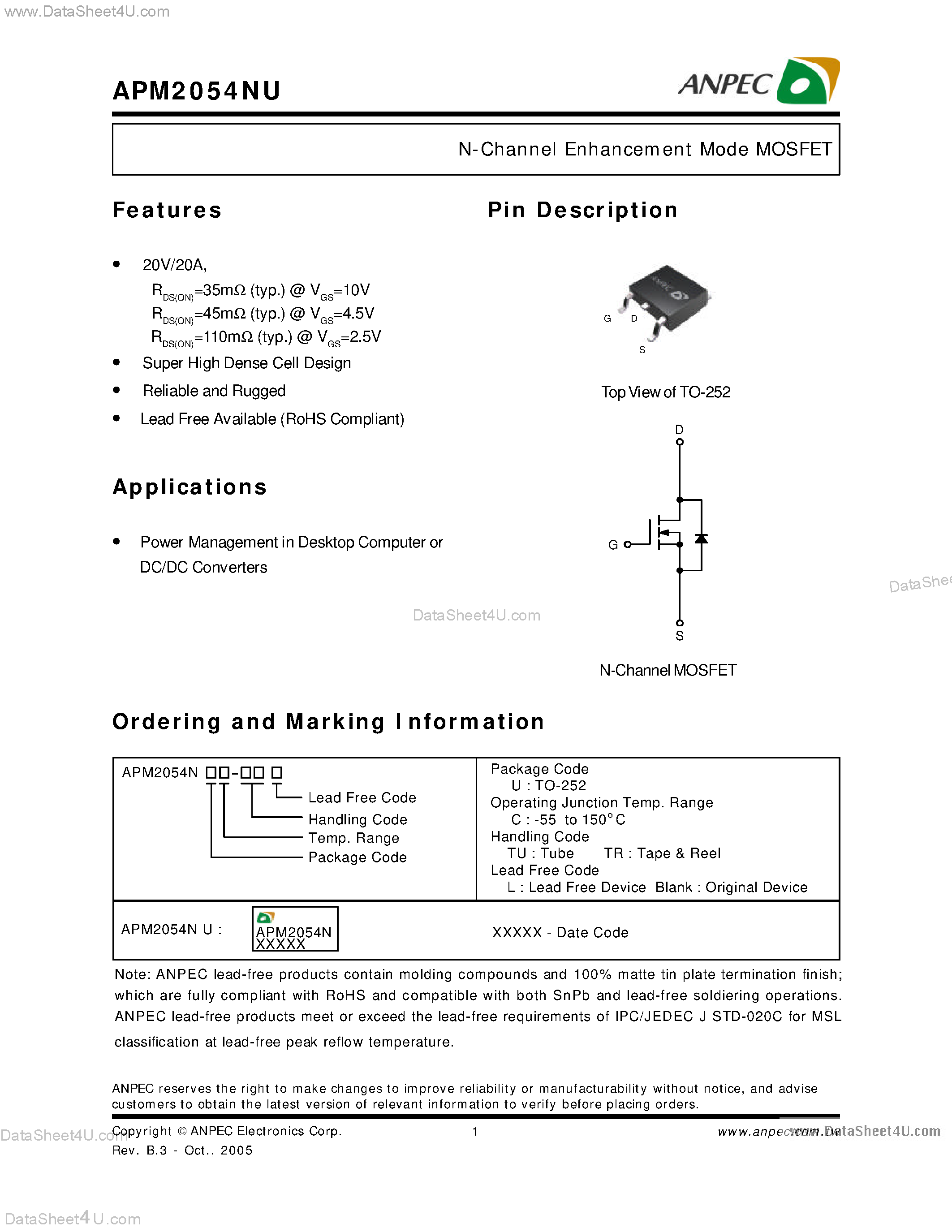 Datasheet APM2054NU - N-Channel Enhancement Mode MOSFET page 1
