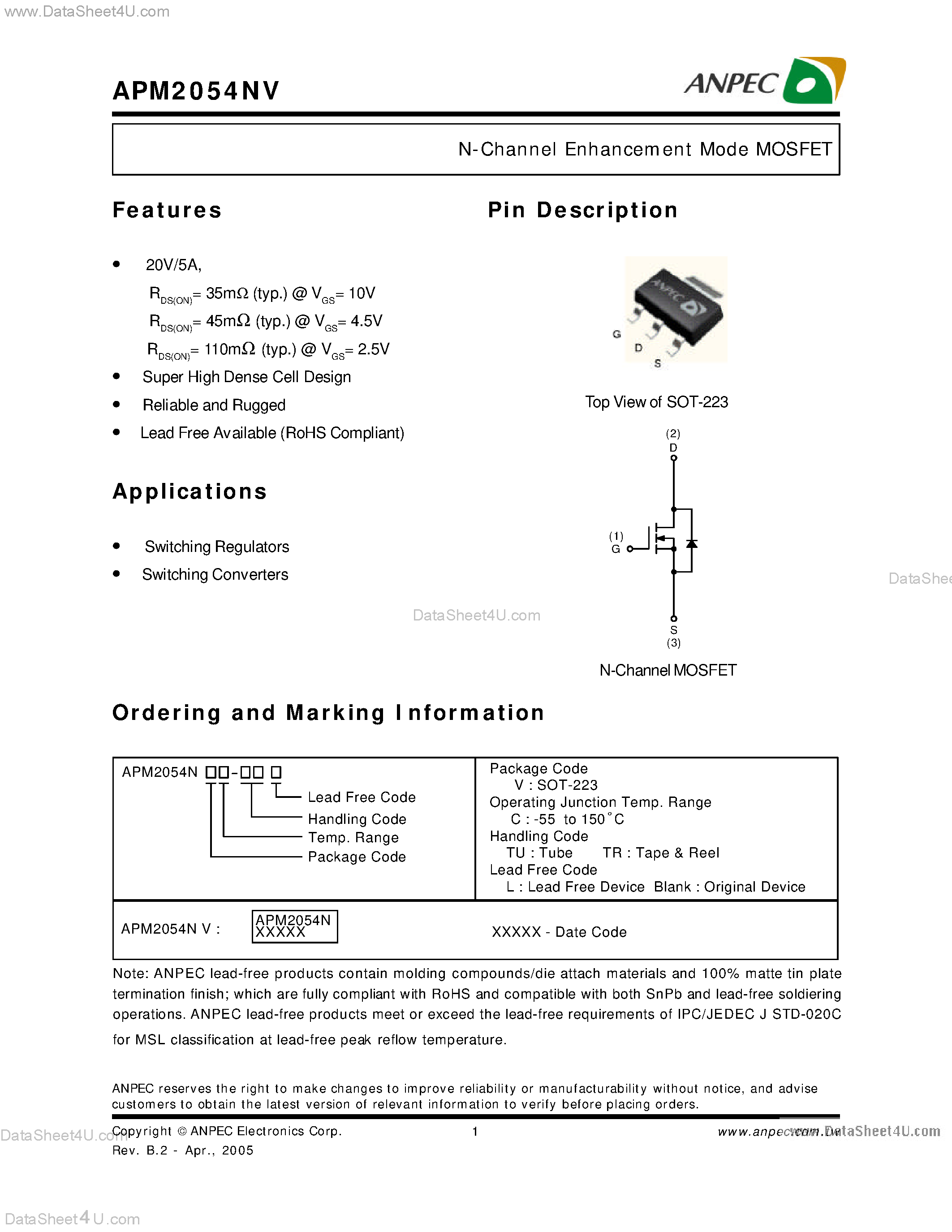 Datasheet APM2054NV - N-Channel Enhancement Mode MOSFET page 1
