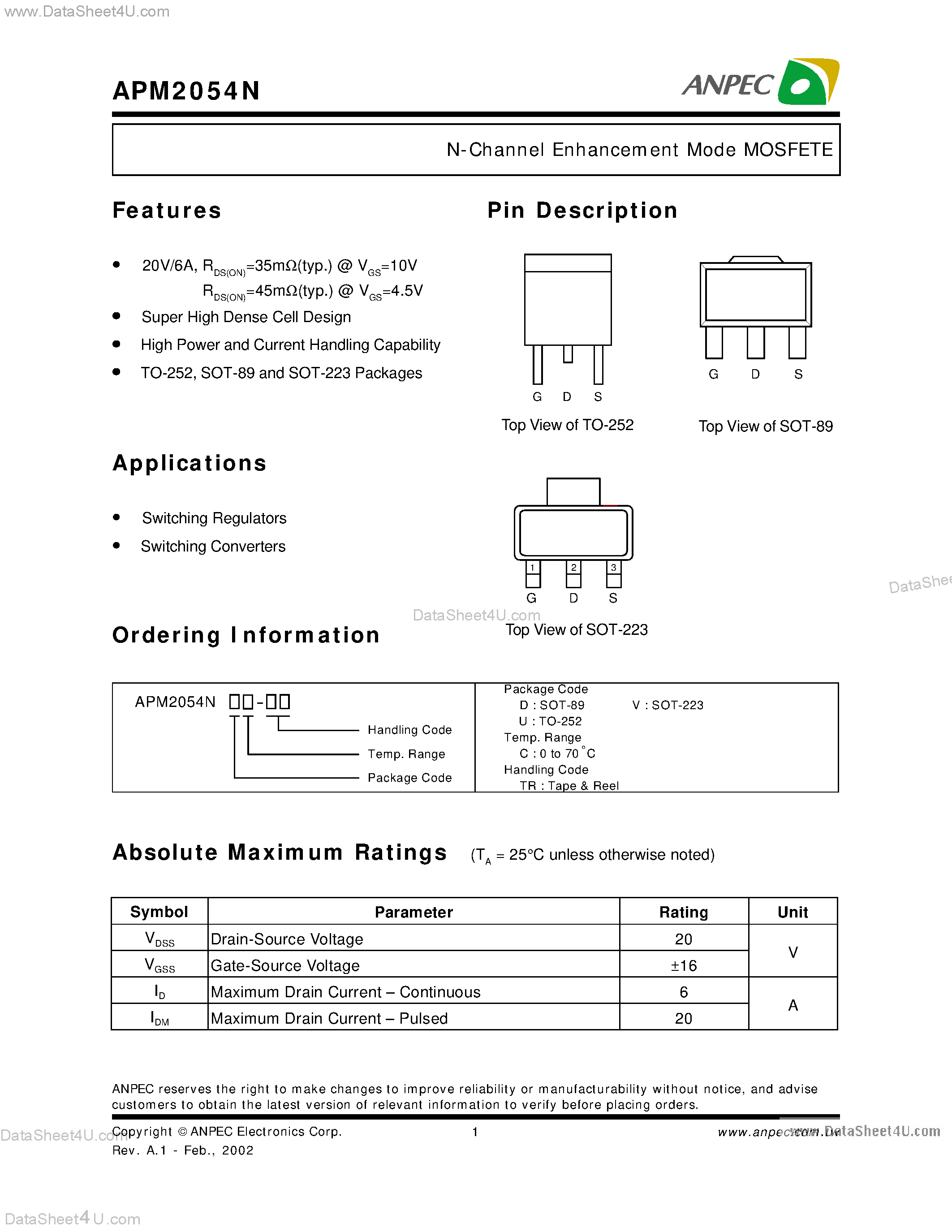Даташит APM2054N - N-Channel Enhancement Mode MOSFET страница 1