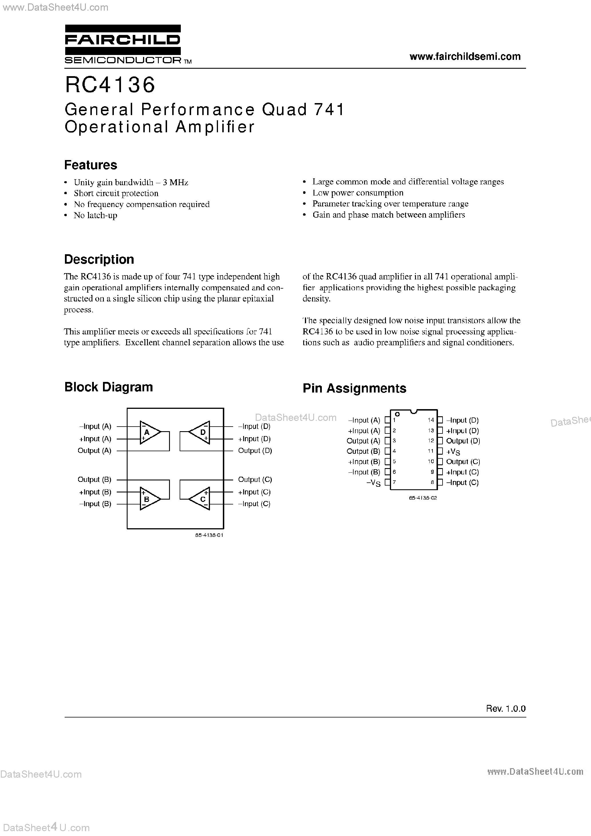 Даташит UA4136 - General Performance Quad 741 Operational Amplifier страница 1