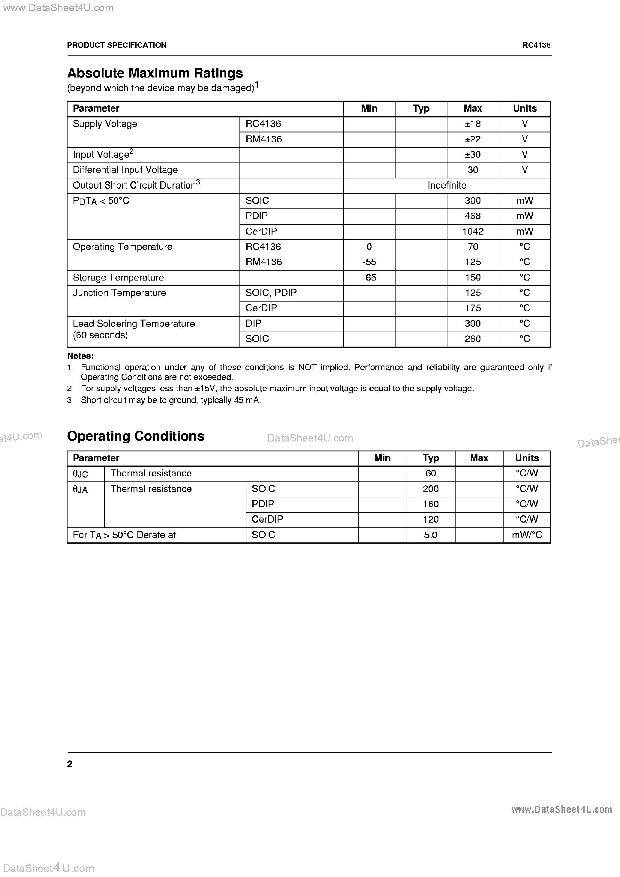 Даташит UA4136 - General Performance Quad 741 Operational Amplifier страница 2