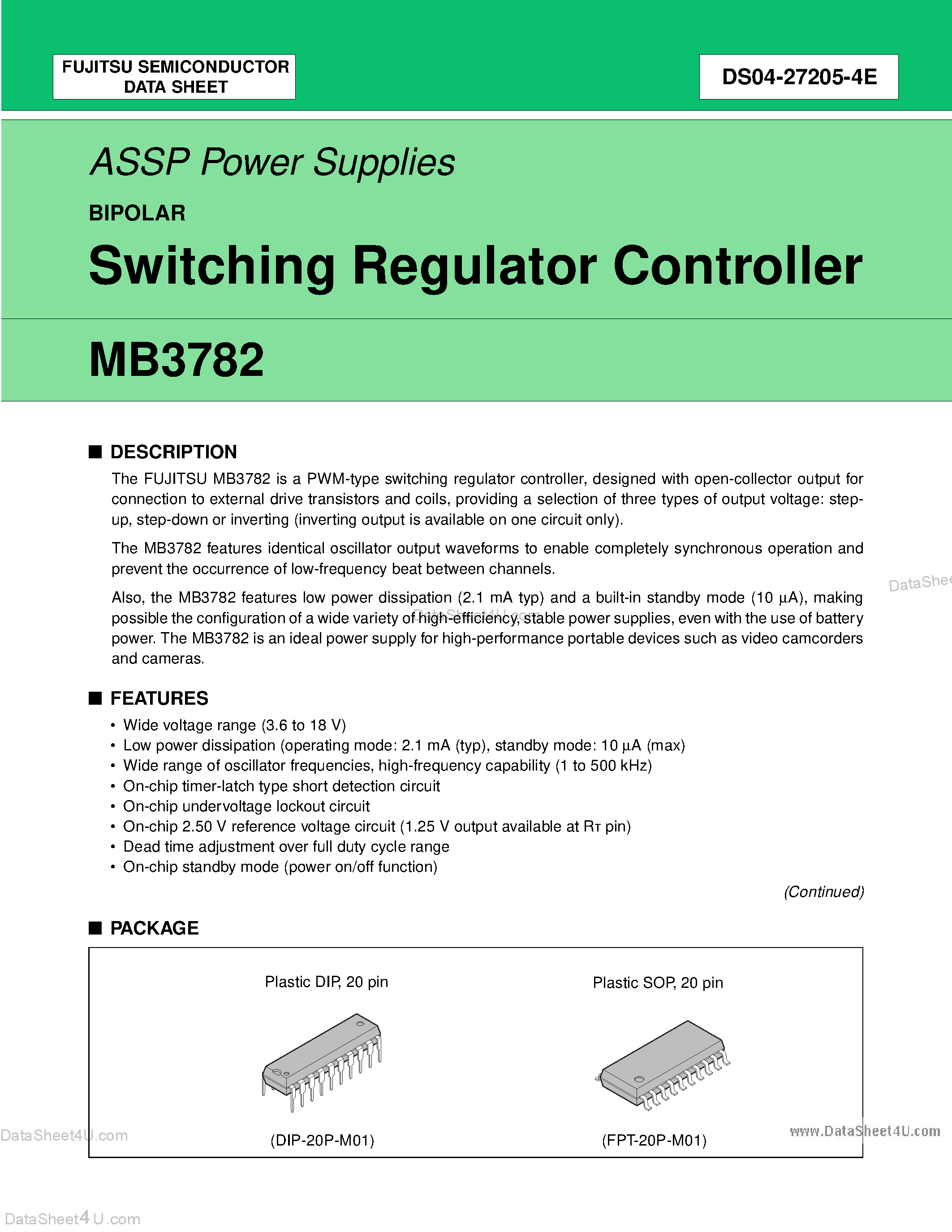 Datasheet MB3782 page 1 Datasheet MB3782 - Switching Regulator Controller page 1
