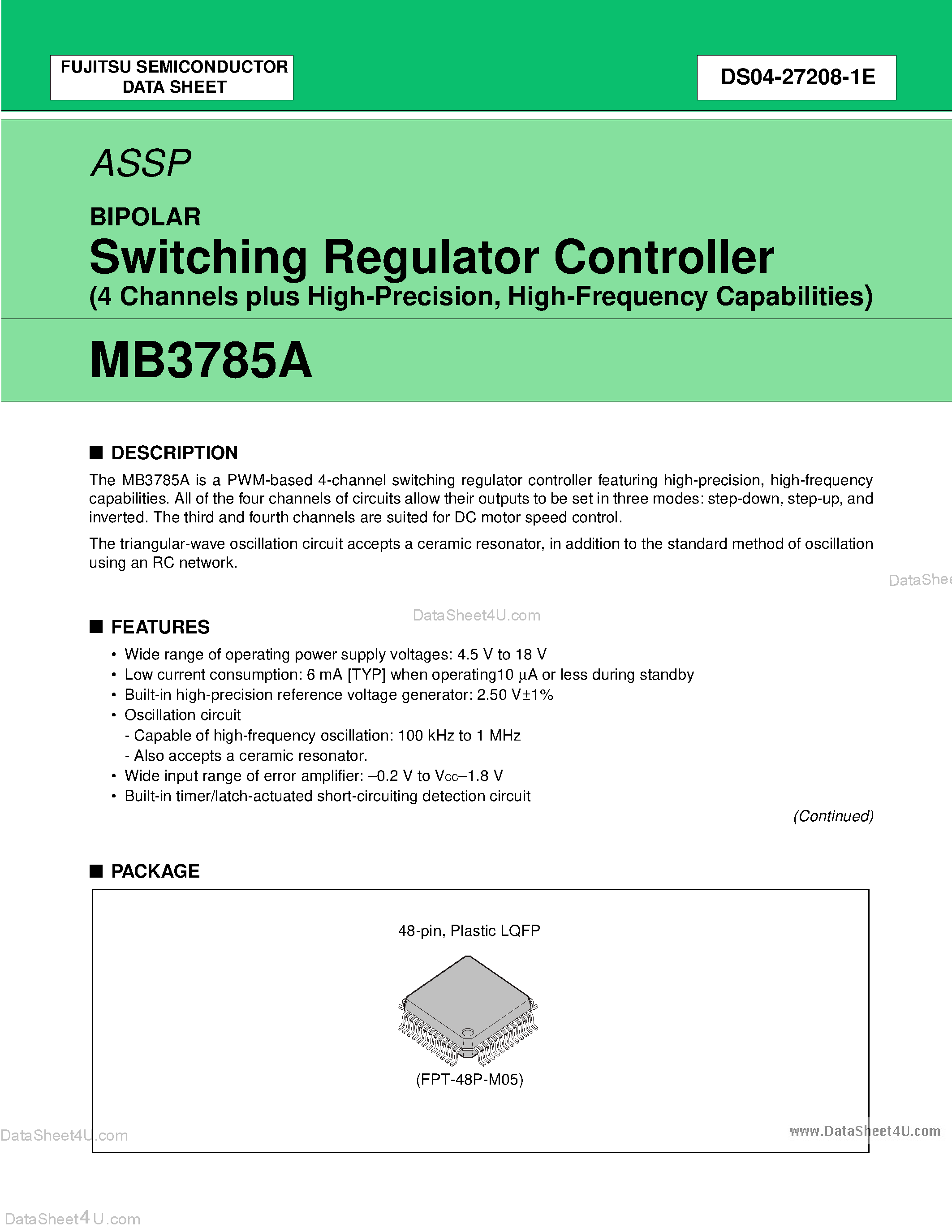Datasheet MB3785A page 1 Datasheet MB3785A - Switching Regulator Controller page 1