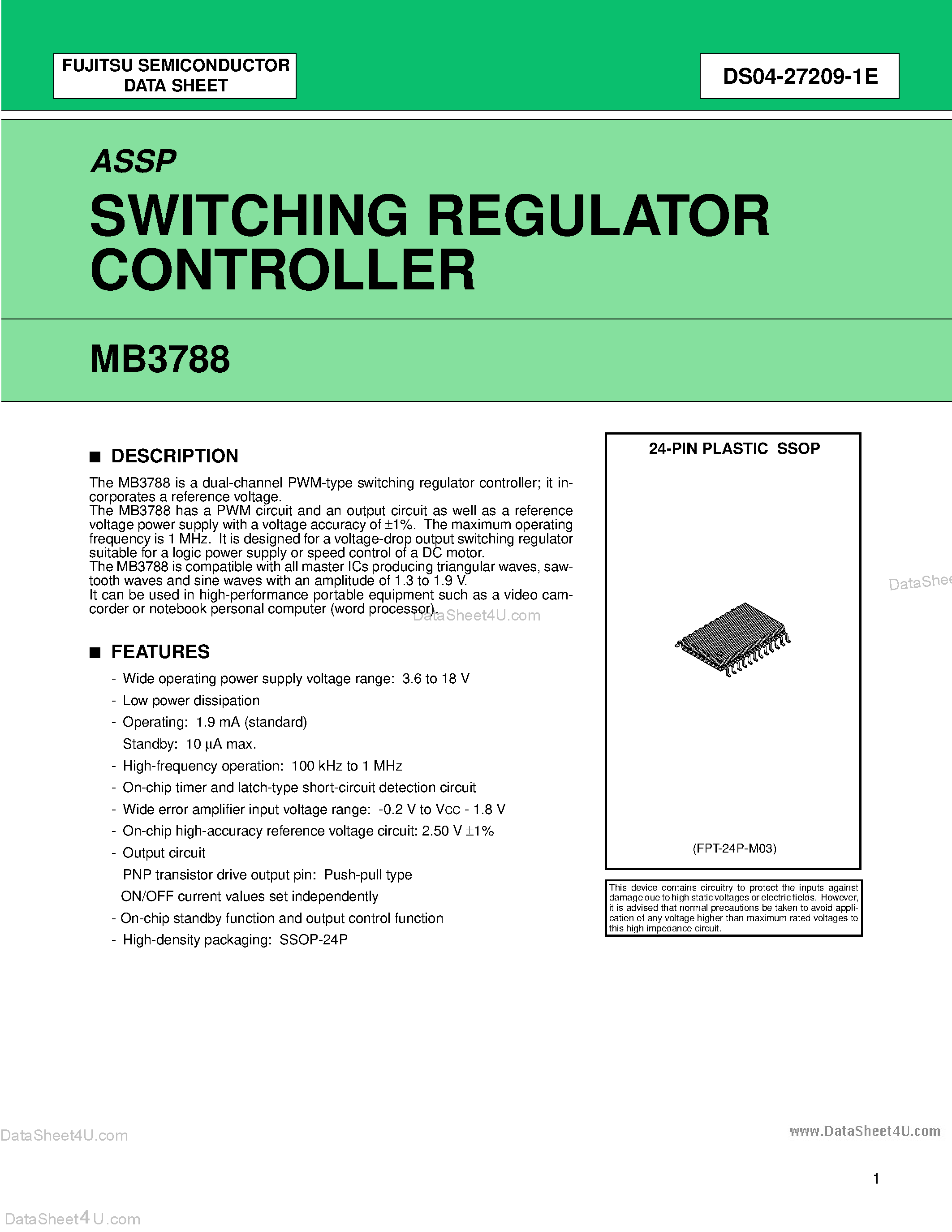 Datasheet MB3788 page 1 Datasheet MB3788 - SWITCHING REGULATOR CONTROLLER page 1