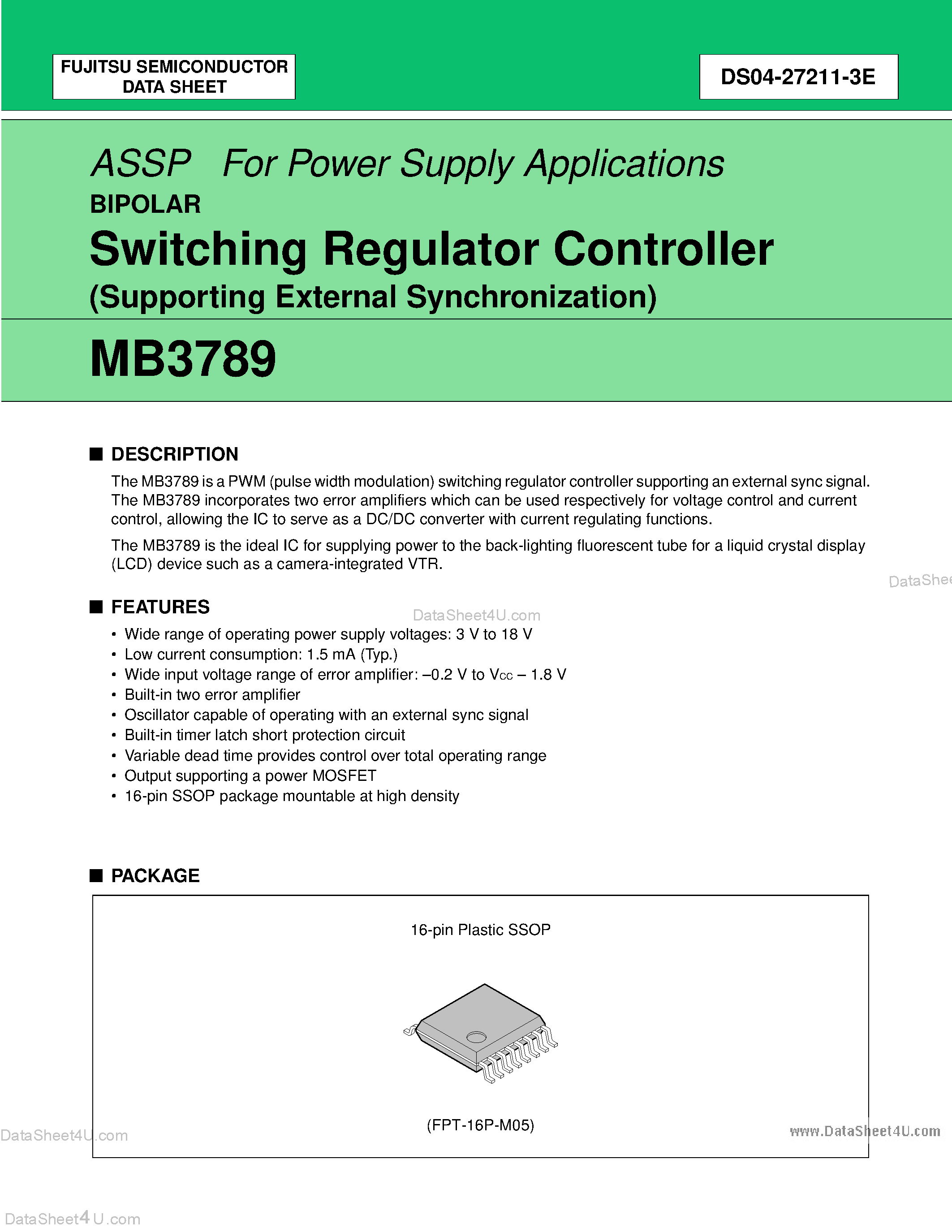 Datasheet MB3789 page 1 Datasheet MB3789 - Switching Regulator Controller page 1