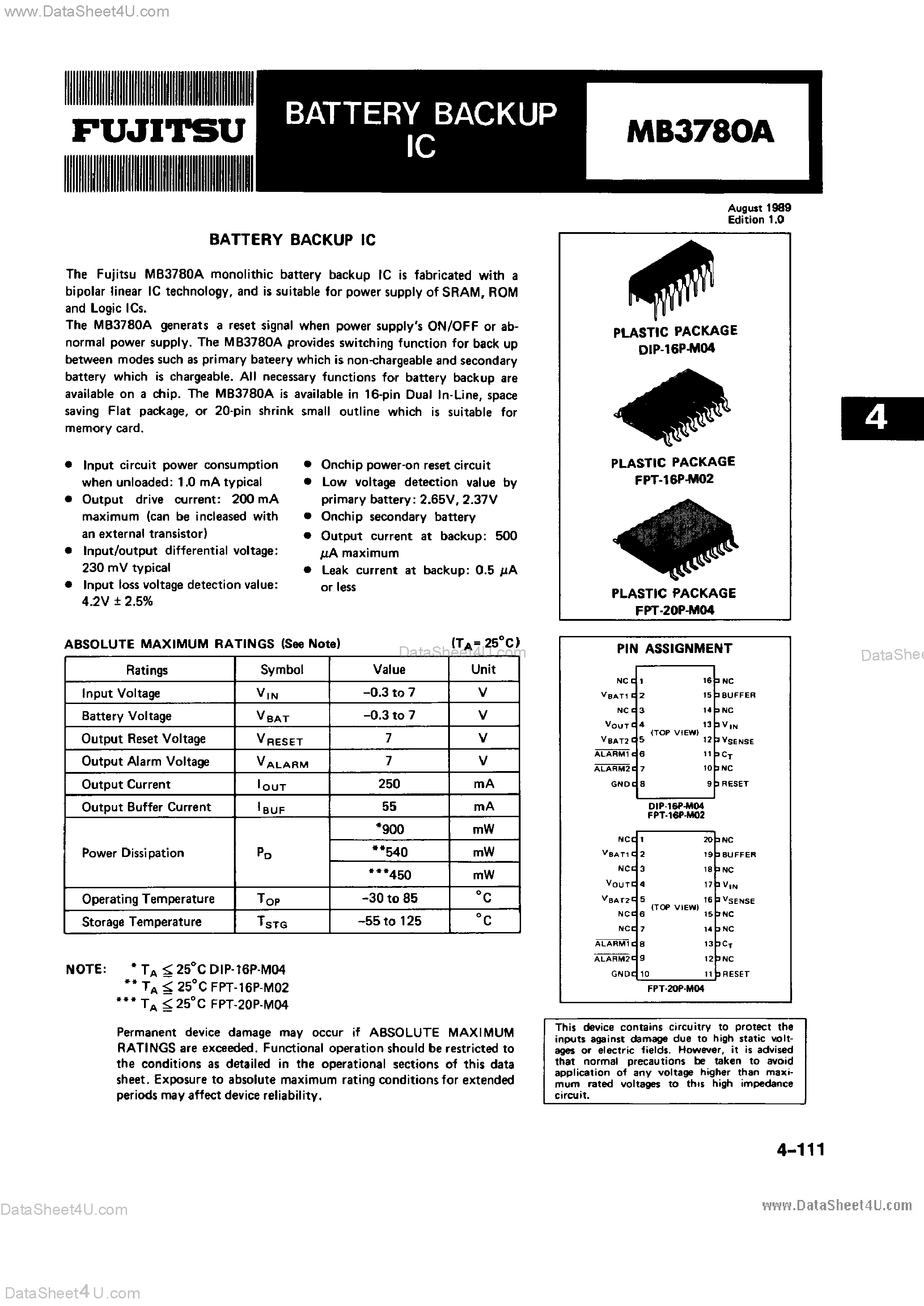 Datasheet MB3780A - Battery Backup IC page 1