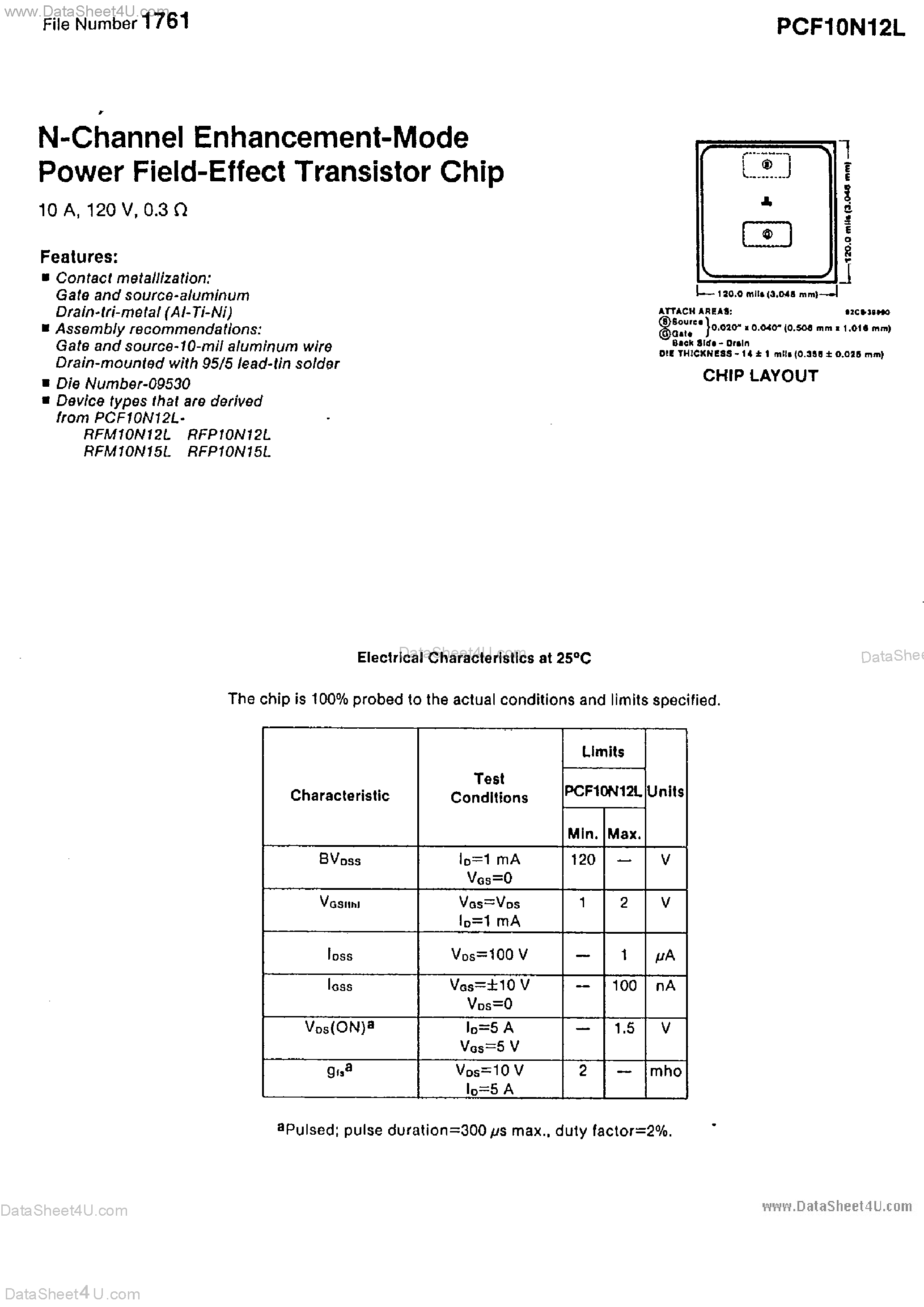Datasheet PCF10N12L - N-Channel Enhancement Mode Power Field Effect Transistor Chip page 1