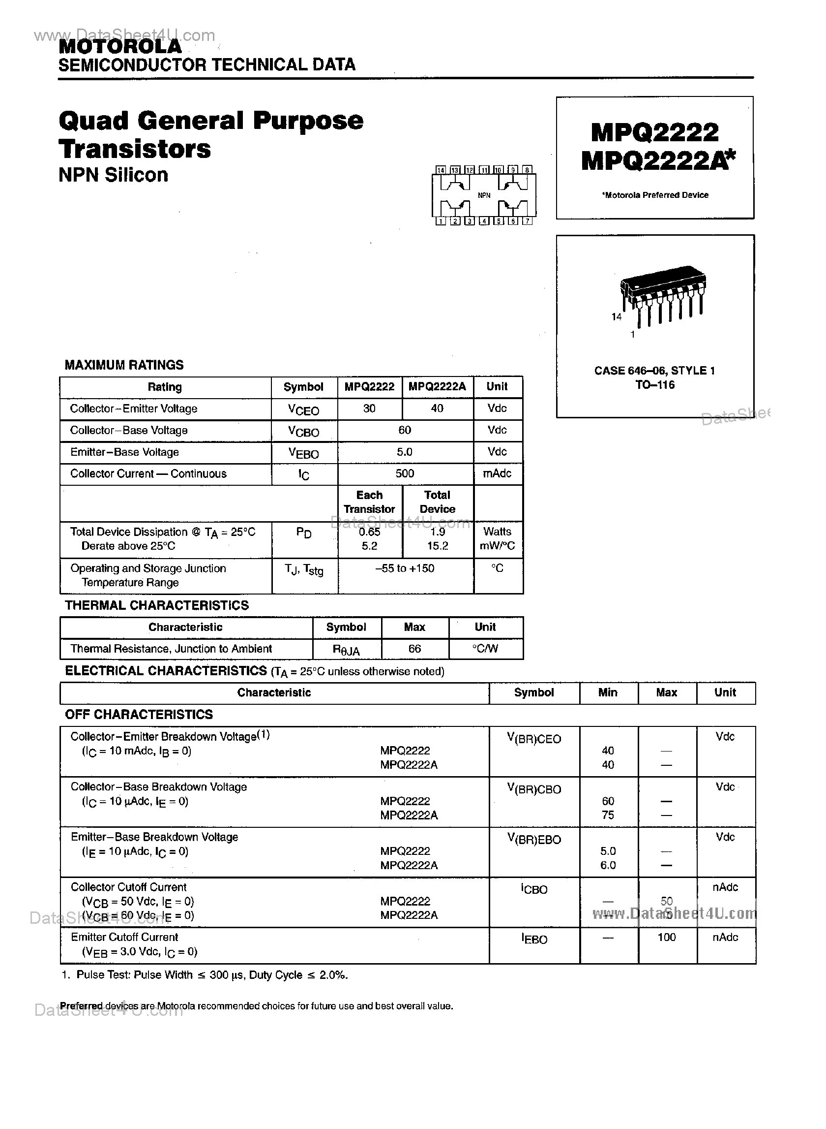 Datasheet MPQ2222 page 1 Datasheet MPQ2222 - Quad General Purpose Transistors page 1