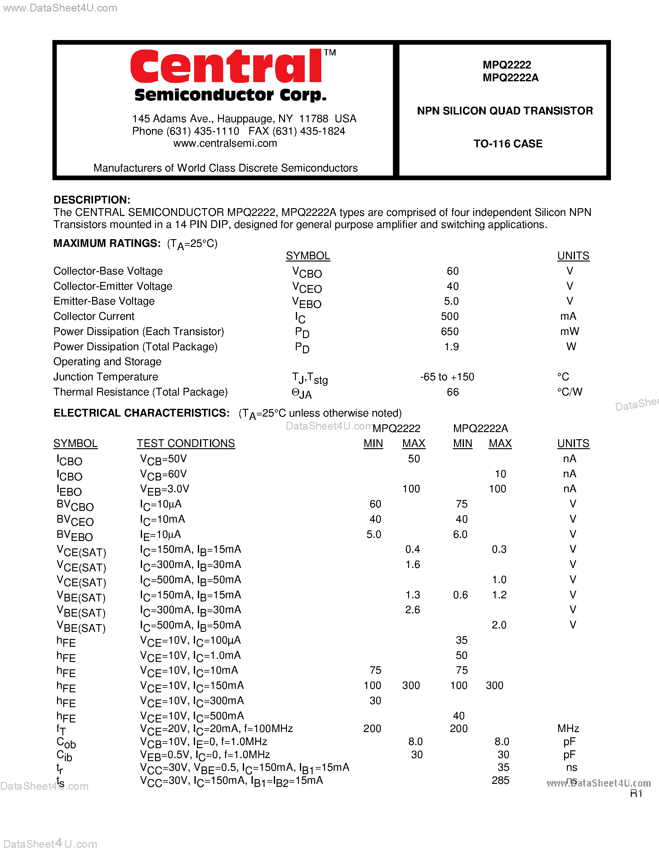 Datasheet MPQ2222A page 1 Datasheet MPQ2222A - QUAD TRANSISTORS page 1