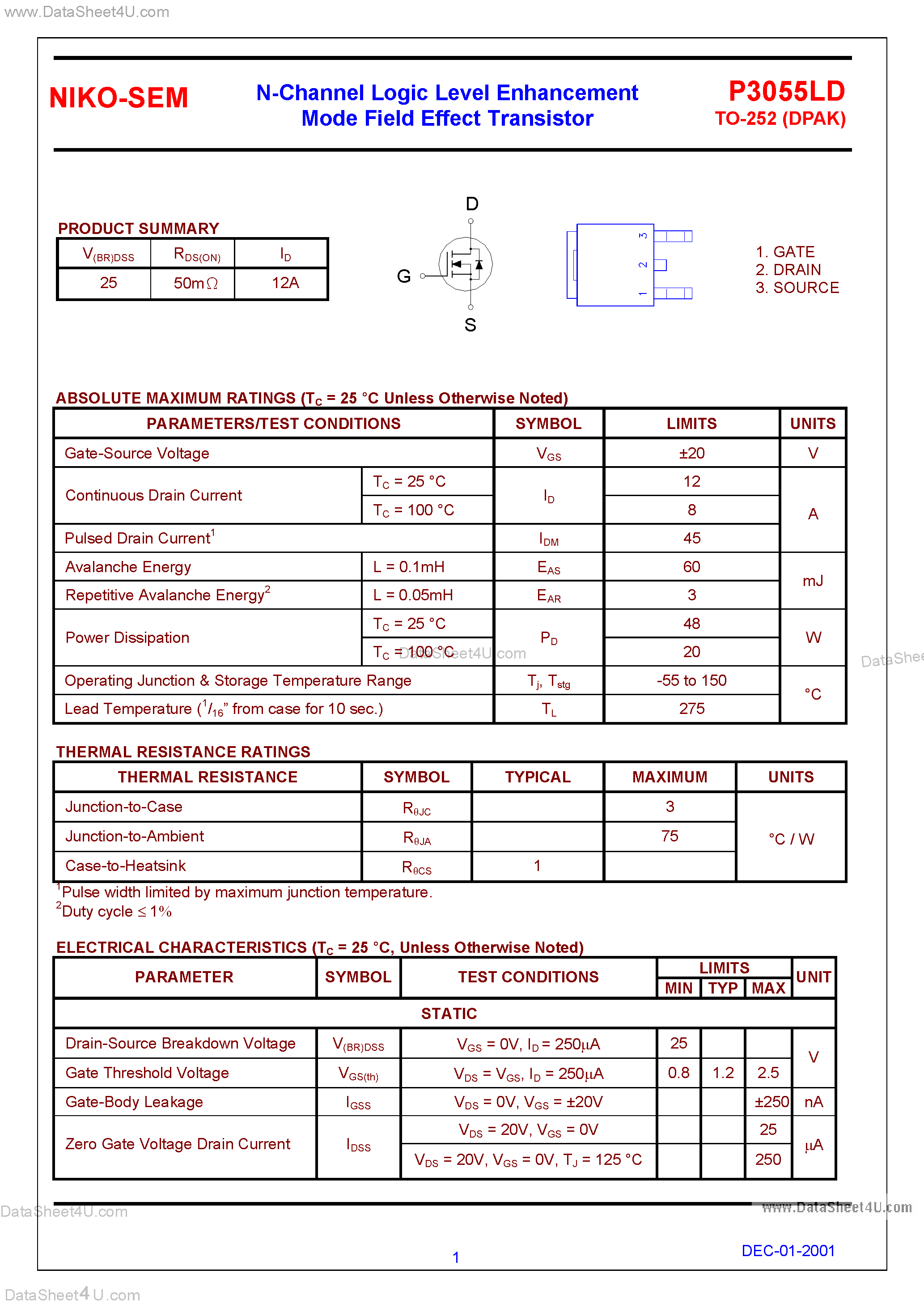 Даташит на микросхему P3055LD страница 1 Даташит P3055LD - N-Channel Logic Level Enhancement Mode Field Effect Transistor страница 1