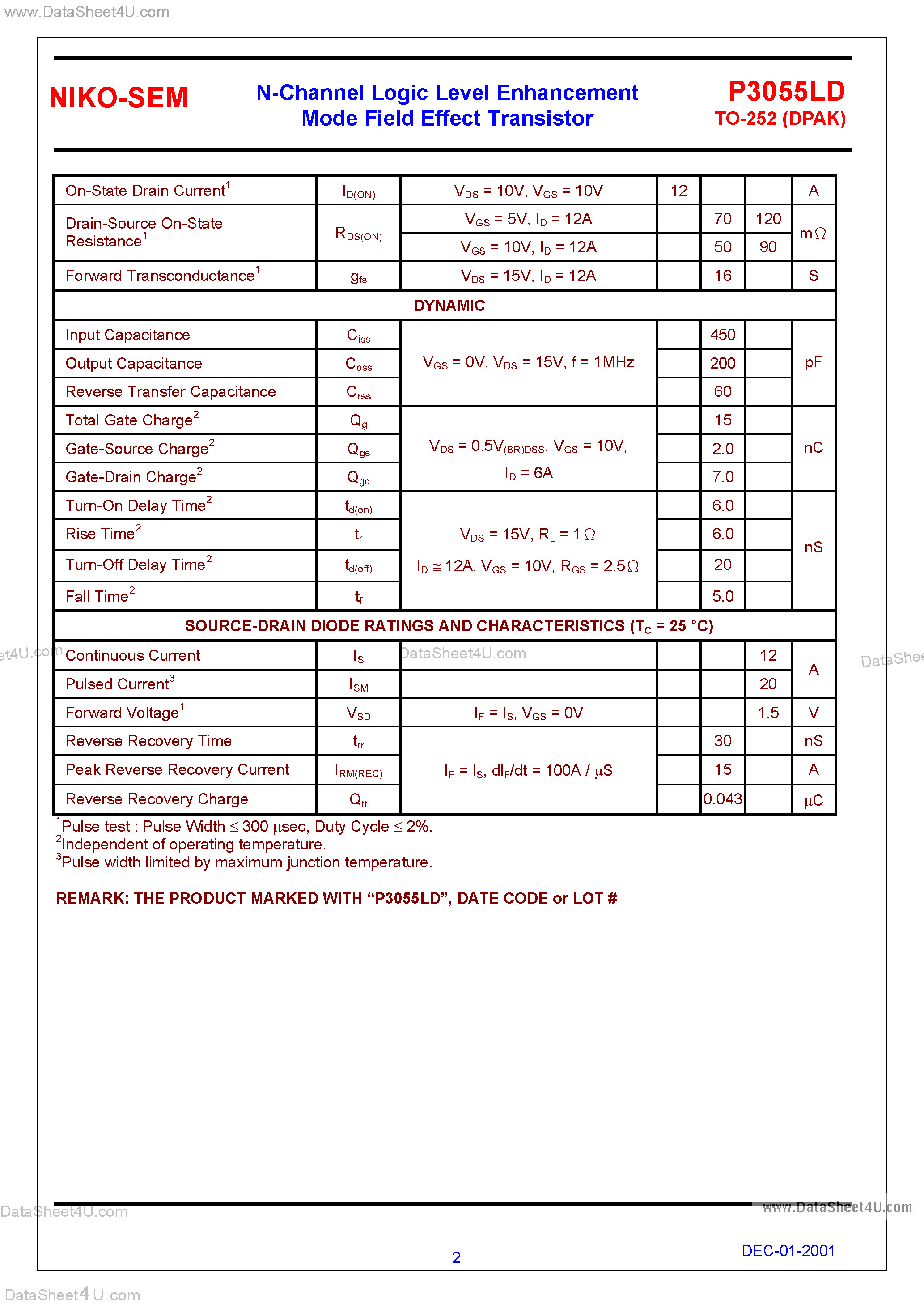 Даташит на микросхему P3055LD страница 2 Даташит P3055LD - N-Channel Logic Level Enhancement Mode Field Effect Transistor страница 2