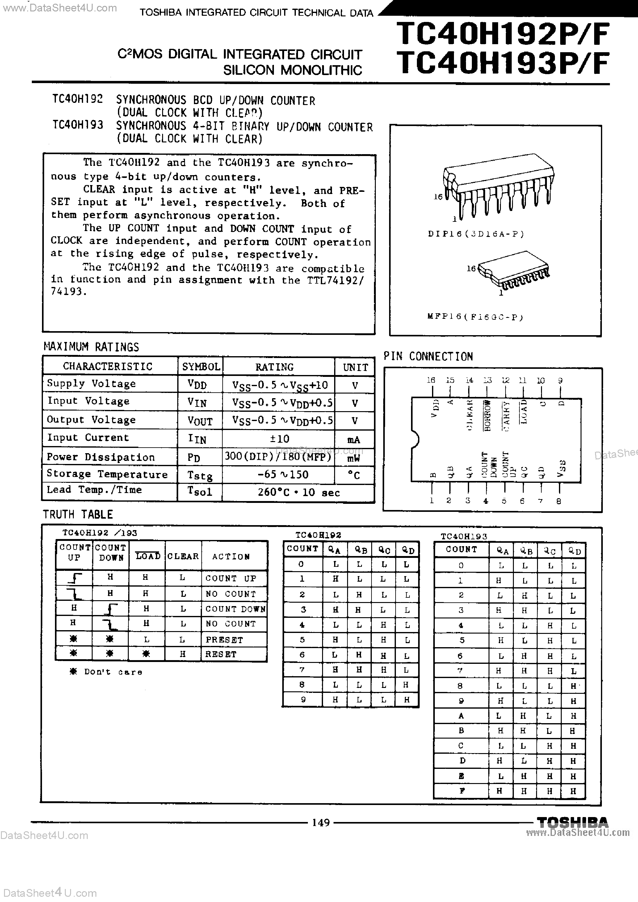 Datasheet TC40H192 - (TC40H192 / TC40H193) CMOS Digital Integrated Circuit page 1