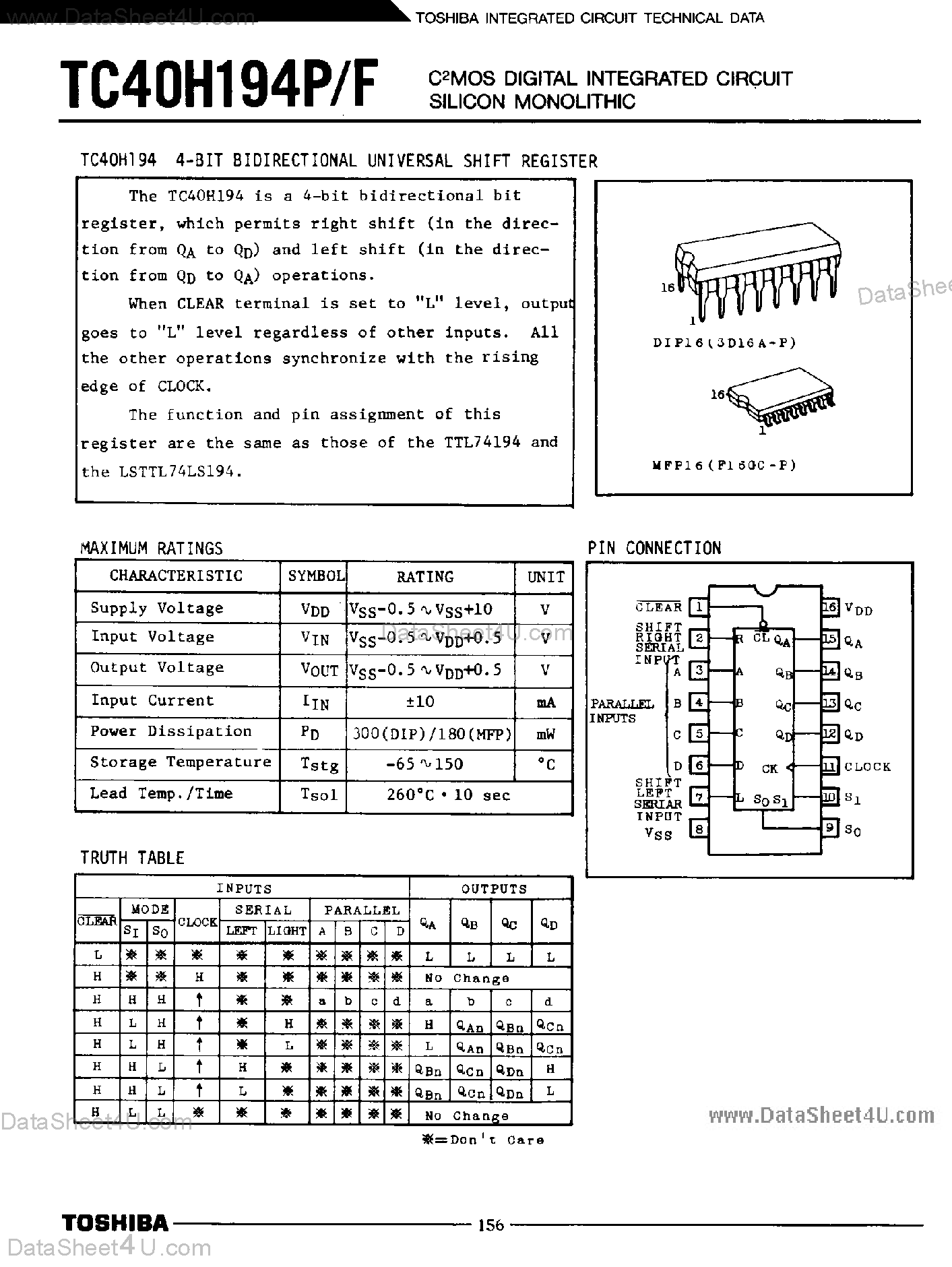 Datasheet TC40H194 page 1 Datasheet TC40H194 - CMOS Digital Integrated Circuit Silicon Monolithic page 1