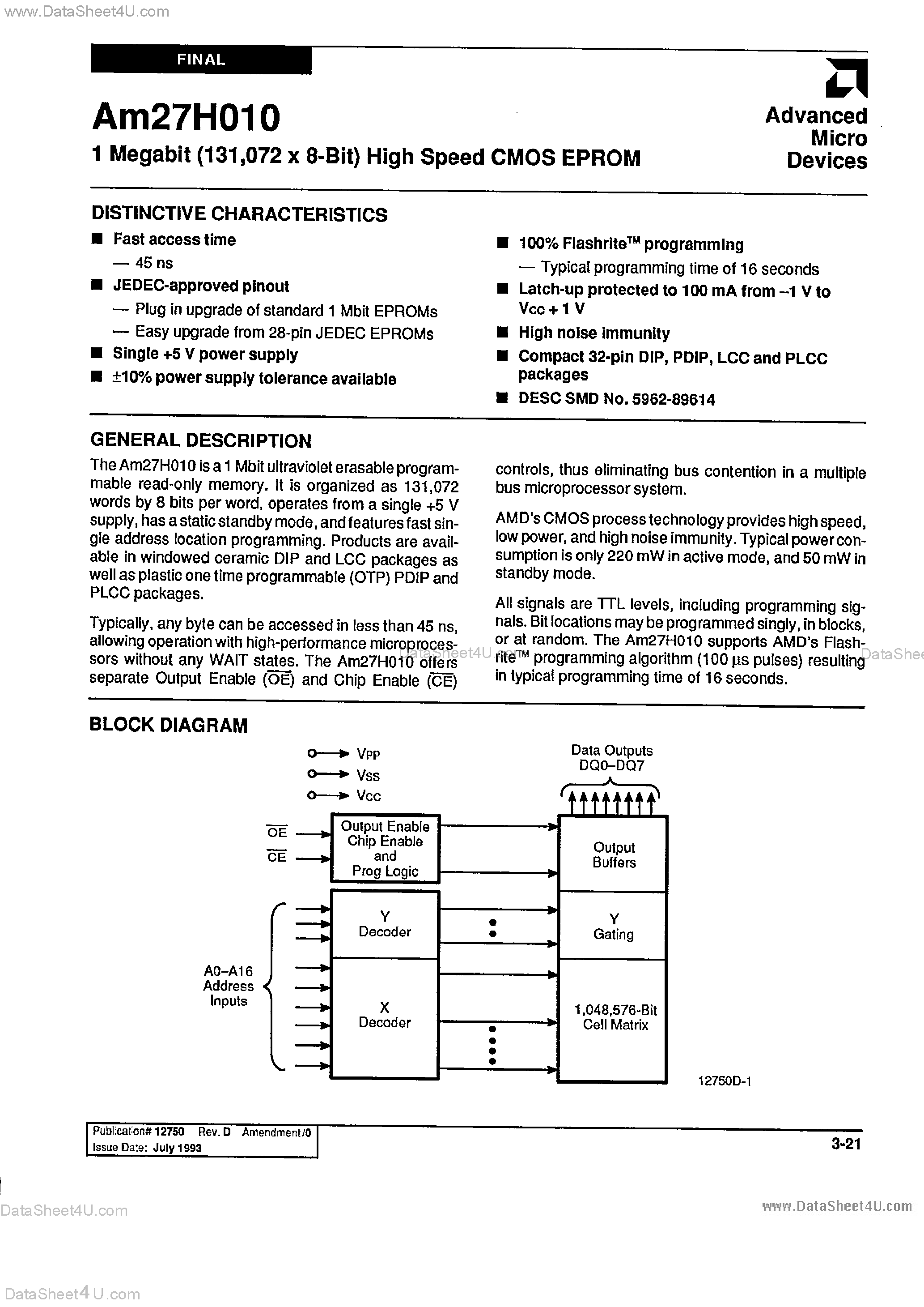 Datasheet AM27H010 - 1 Megabit High Speed CMOS EPROM page 1