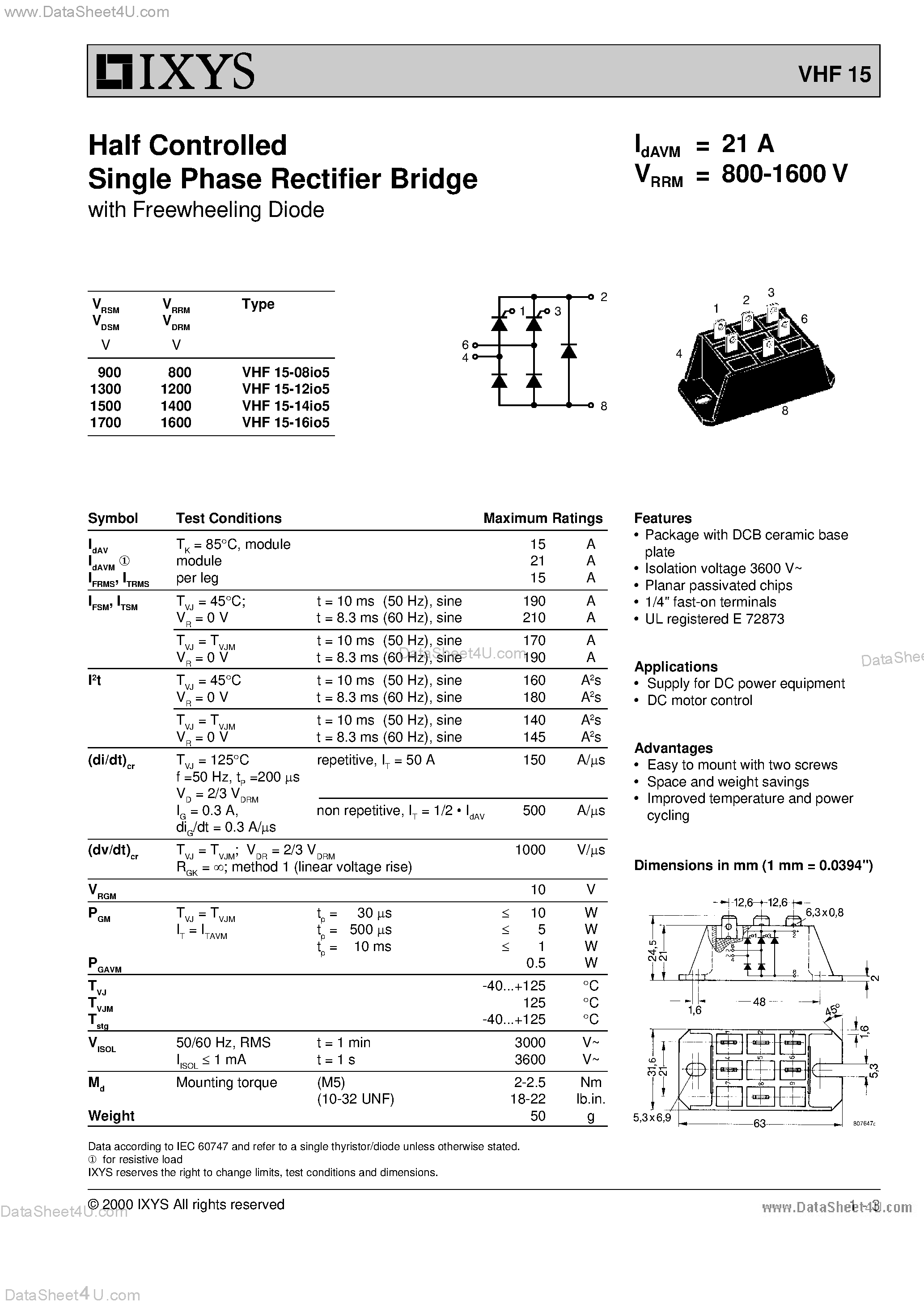 Datasheet VHF15-08IO5 - (VHF15-xxIO5) Half Controlled Single Phase Rectifier Bridge page 1