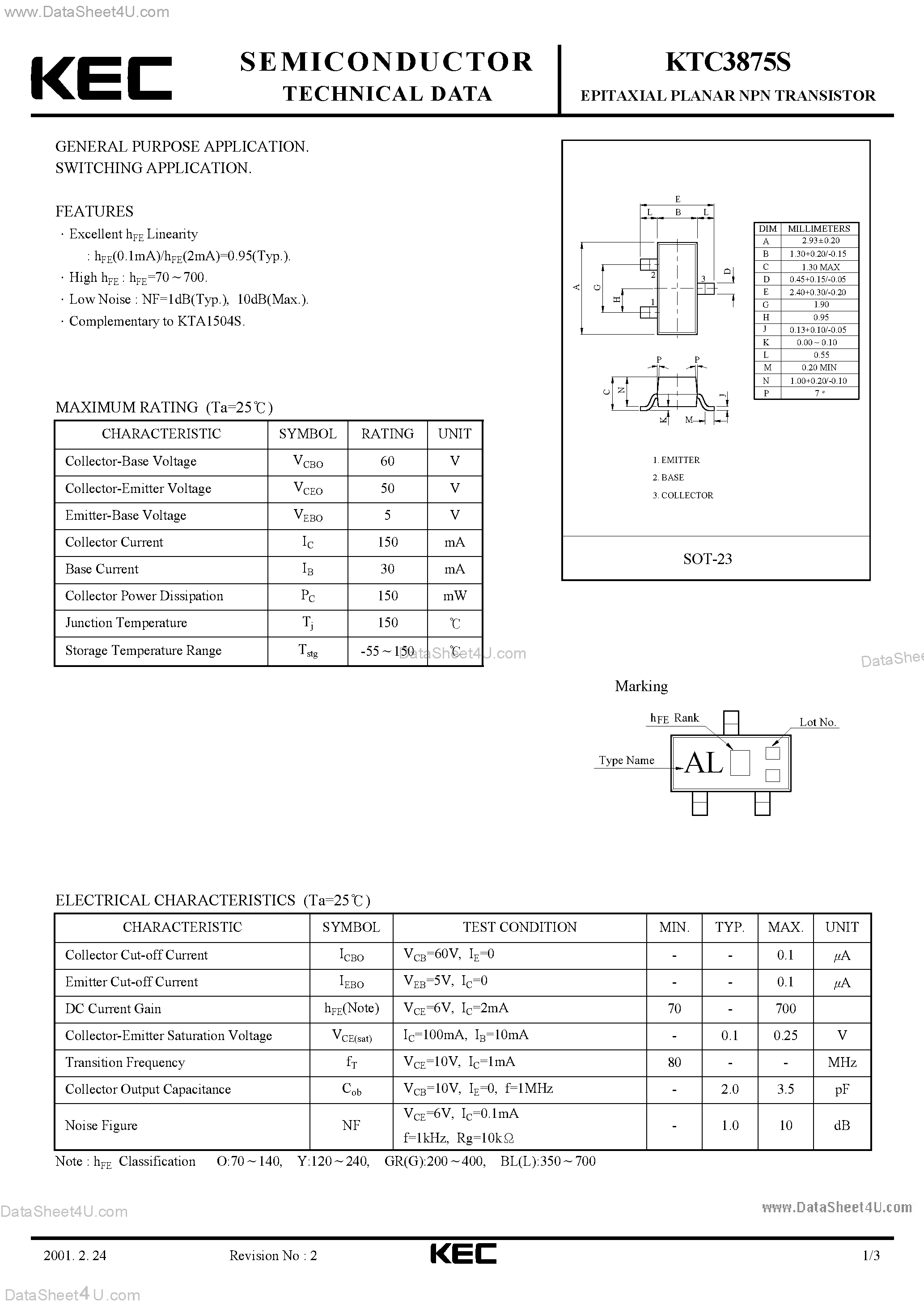 Datasheet KTC3875S page 1 Datasheet KTC3875S - GENERAL PURPOSE APPLICATION SWITCHING APPLICATION page 1