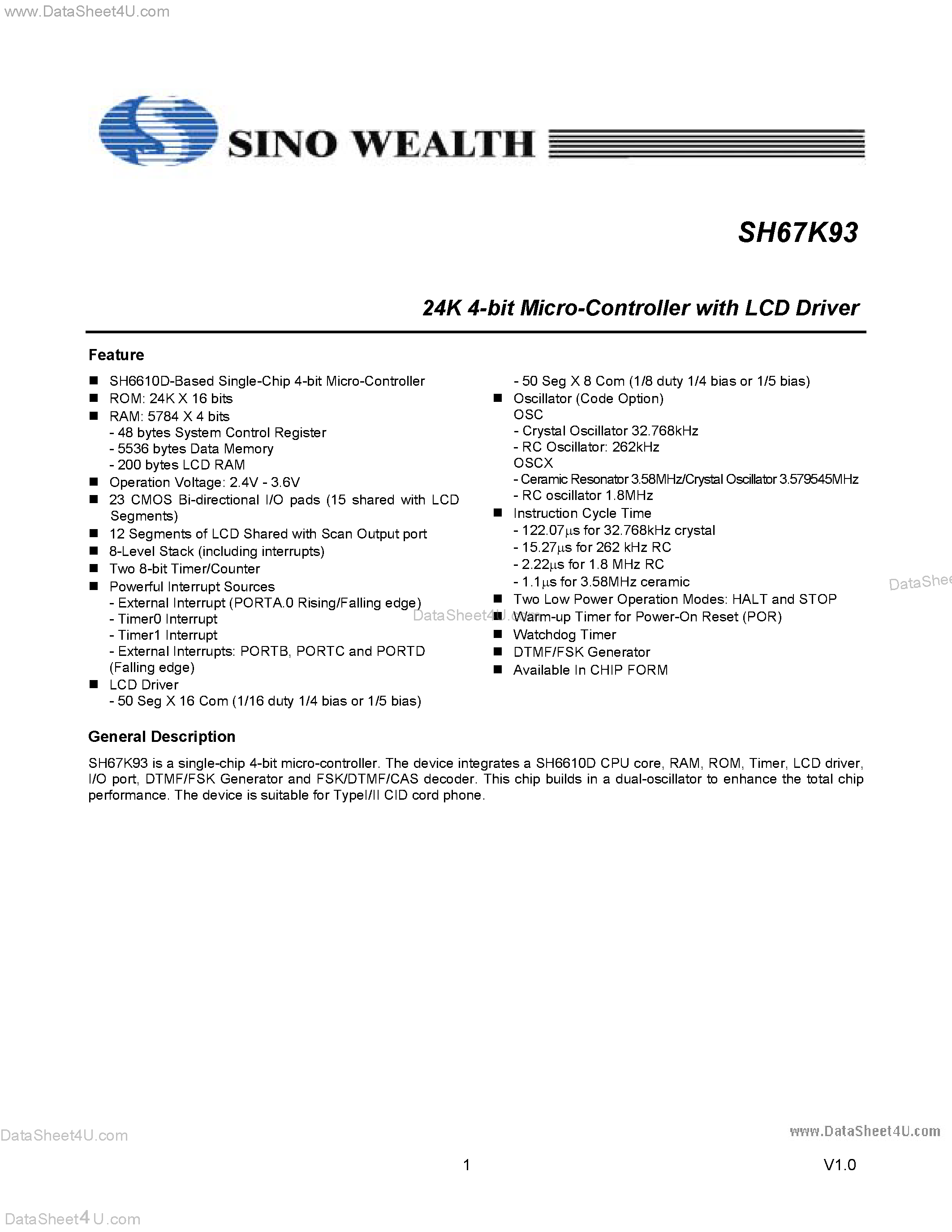 Datasheet SH67K93 - 24K 4-Bit Micro Controller page 1