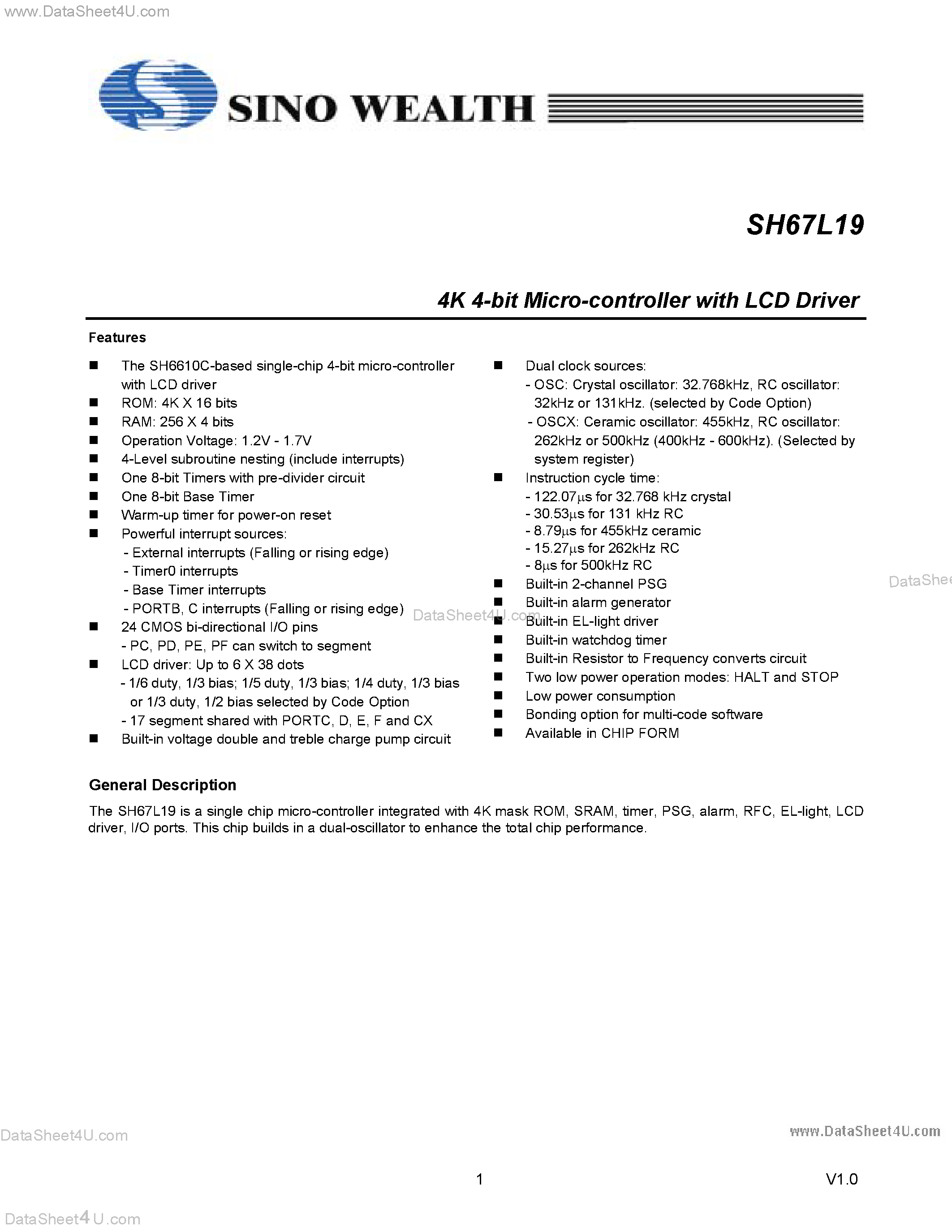 Datasheet SH67L19 - 4K 4-Bit Micro Controller page 1