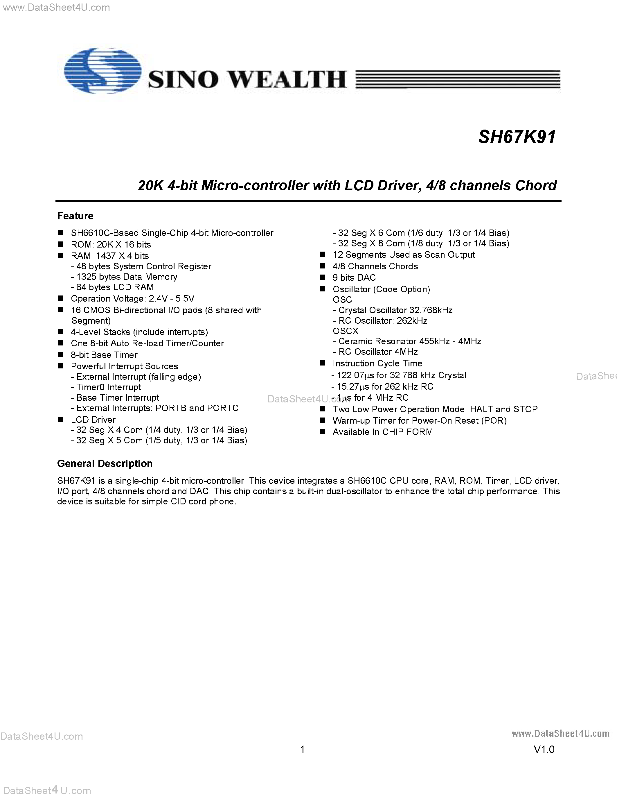 Datasheet SH67K91 - 20K 4-Bit Micro Controller page 1