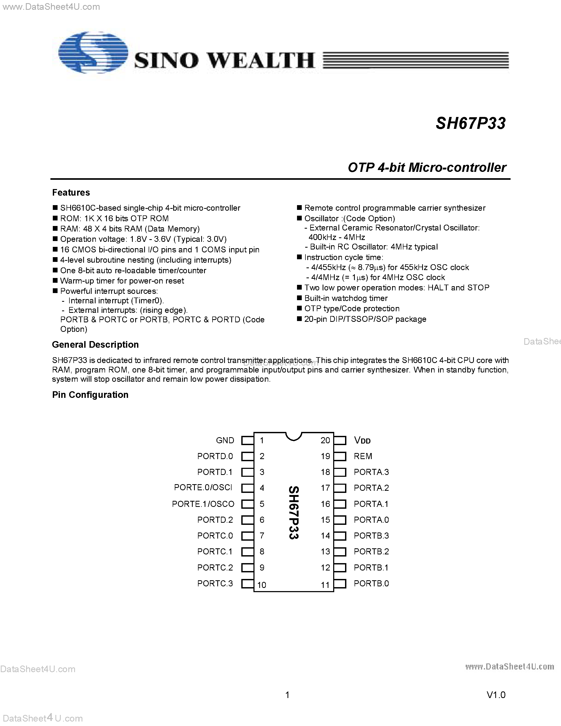 Datasheet SH67P33 - OTP 4-Bit Micro Controller page 1