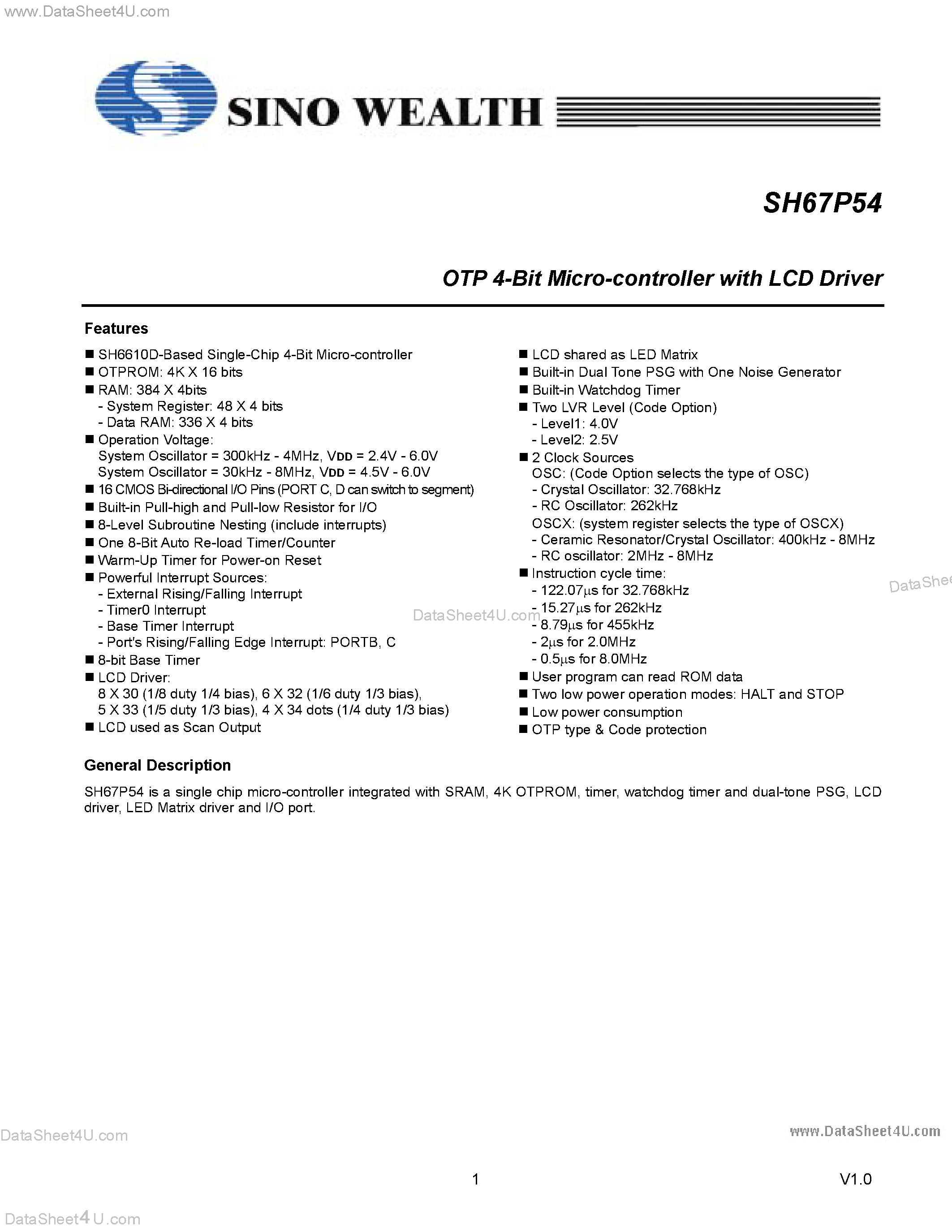 Datasheet SH67P54 - OTP 4-Bit Micro Controller page 1