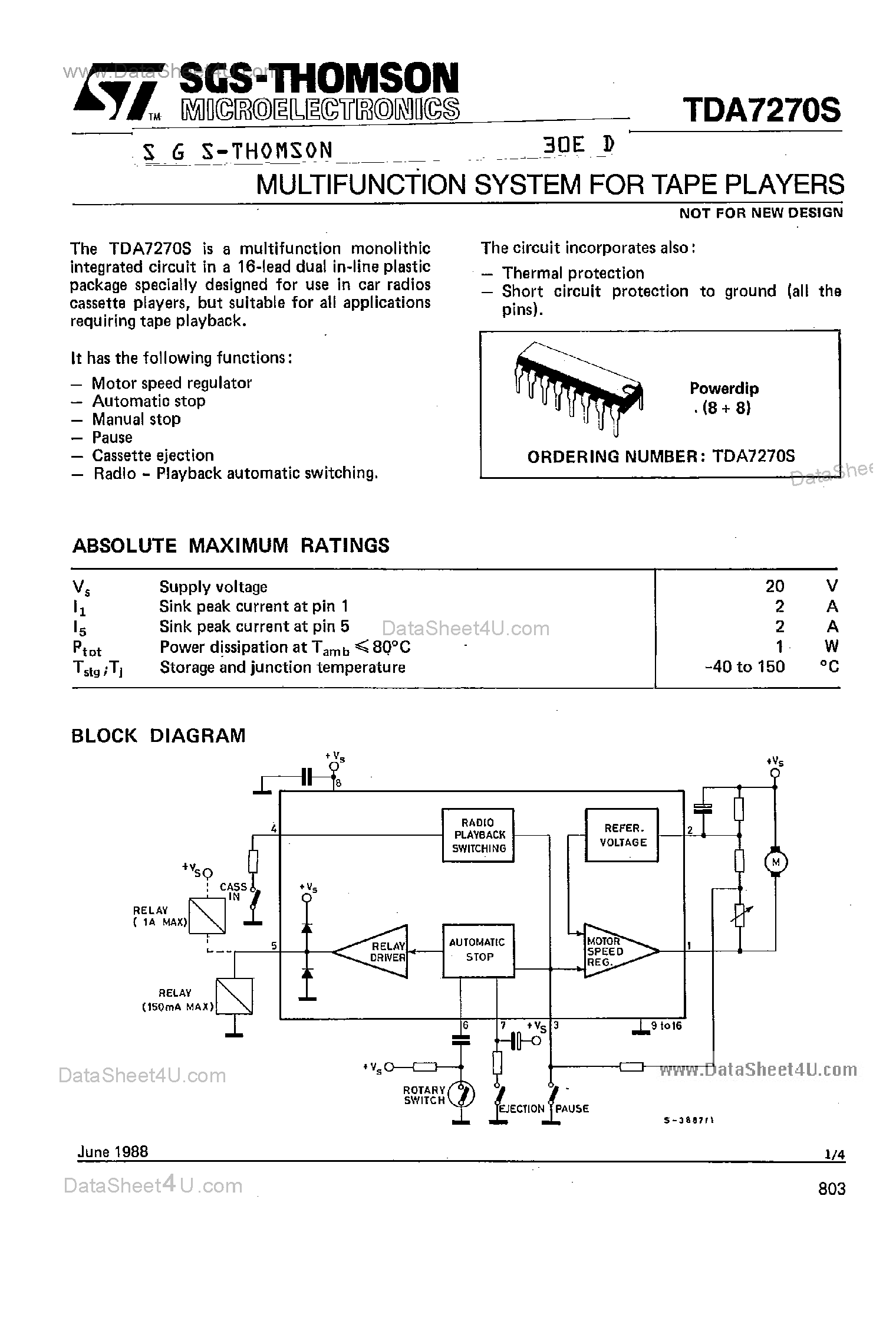 Datasheet TDA7270S - Multifunction System page 1