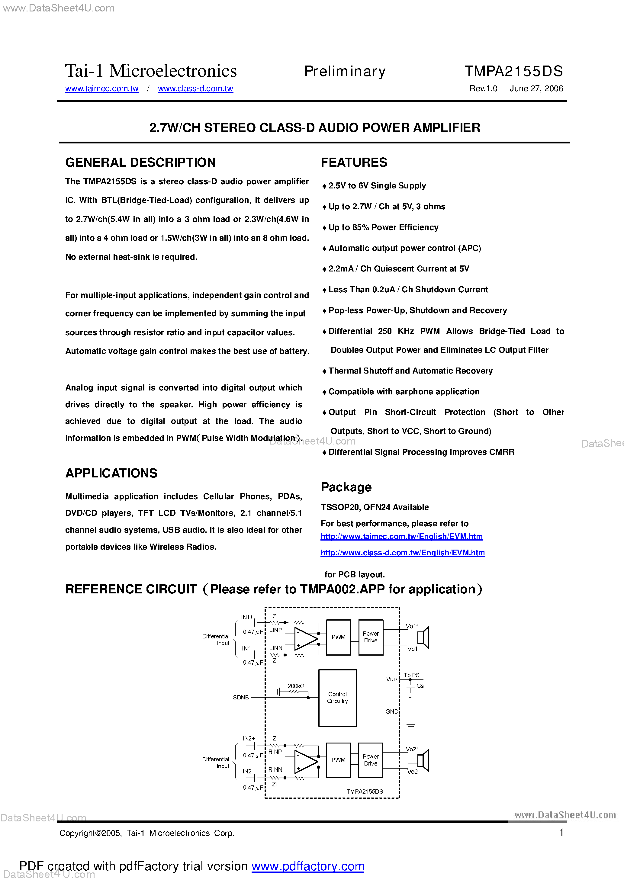 Даташит на микросхему TMPA2155DS страница 1 Даташит TMPA2155DS - 2.7W/CH STEREO CLASS-D AUDIO POWER AMPLIFIER страница 1