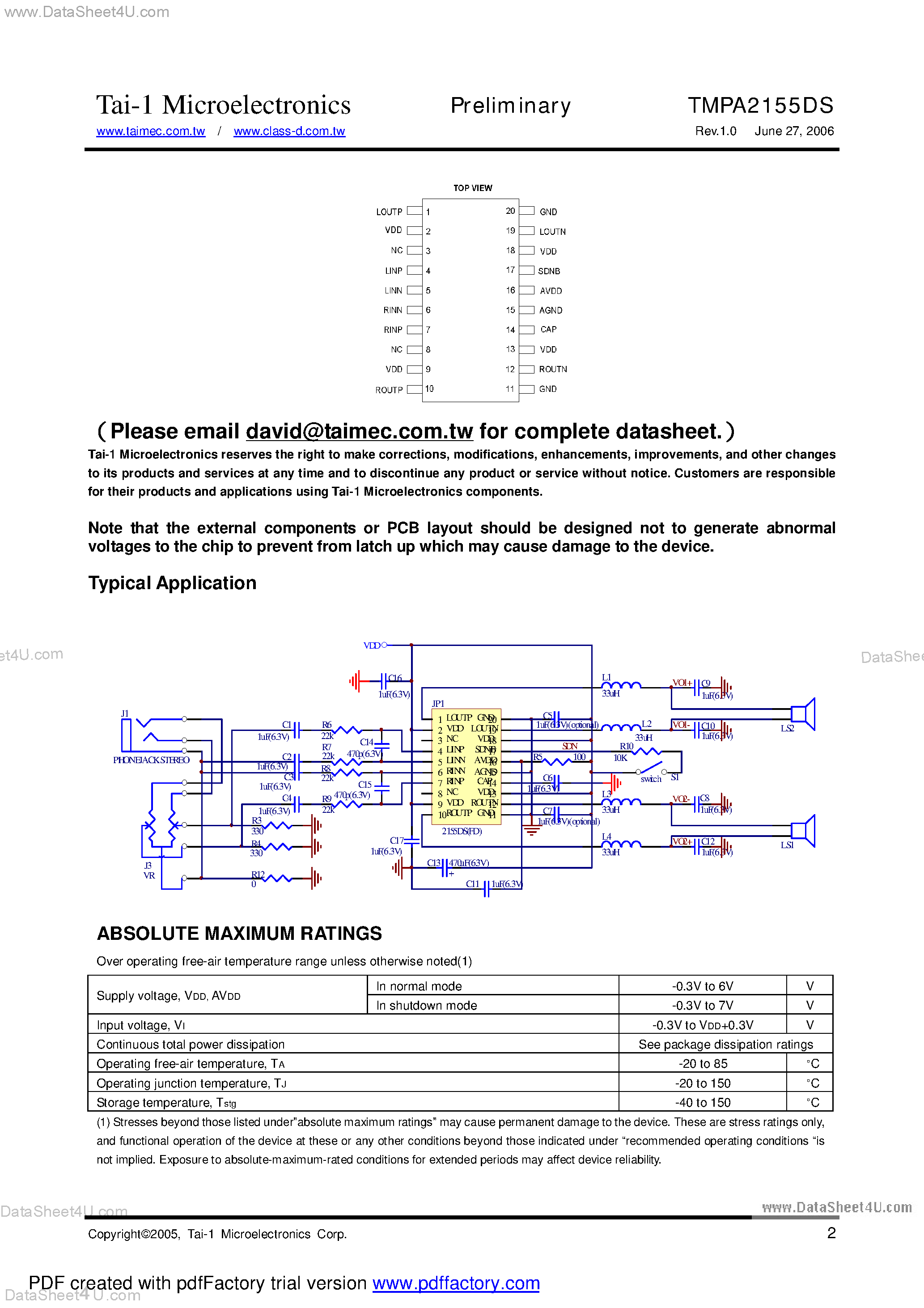 Даташит на микросхему TMPA2155DS страница 2 Даташит TMPA2155DS - 2.7W/CH STEREO CLASS-D AUDIO POWER AMPLIFIER страница 2