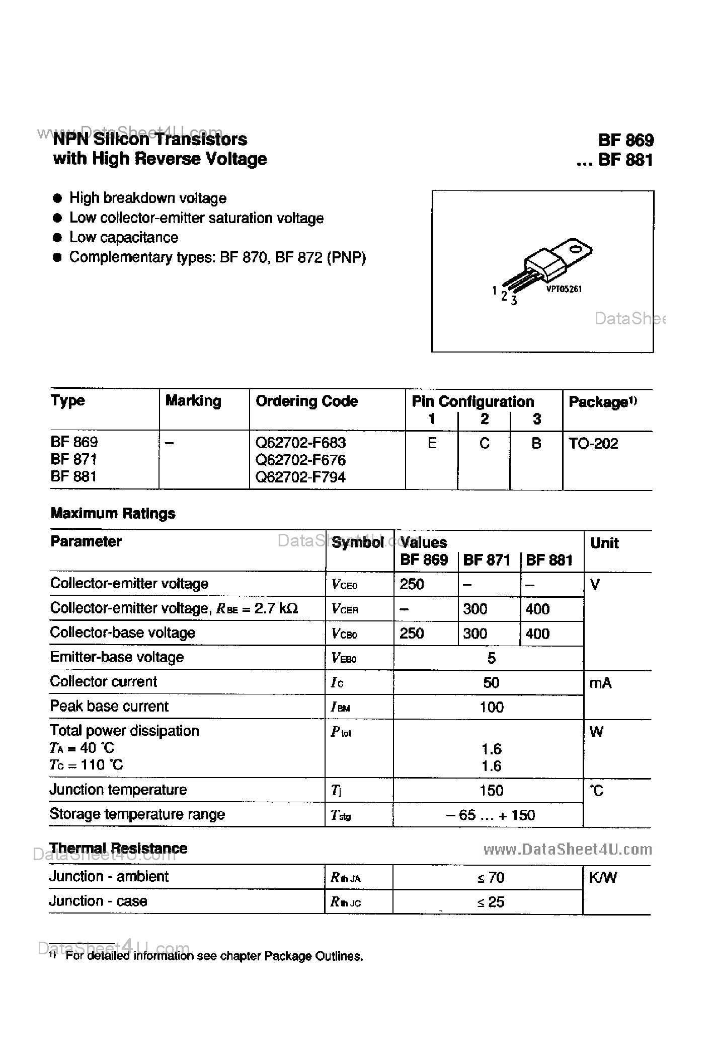 Даташит на микросхему BF869 страница 1 Даташит BF869 - (BF869 / BF881) NPN Silicon Transistors with High Reverse Voltage страница 1