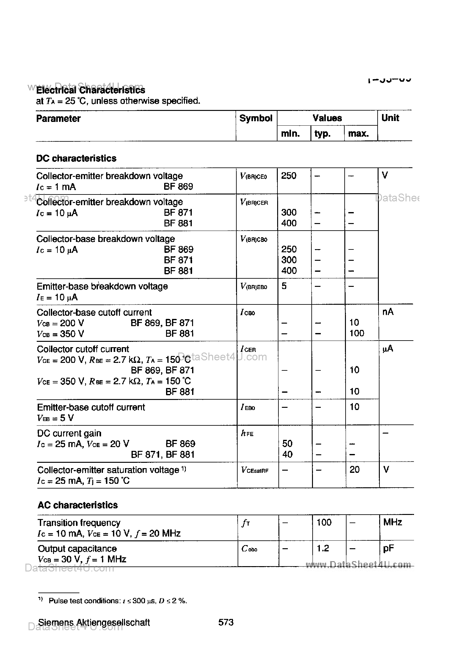 Даташит на микросхему BF869 страница 2 Даташит BF869 - (BF869 / BF881) NPN Silicon Transistors with High Reverse Voltage страница 2