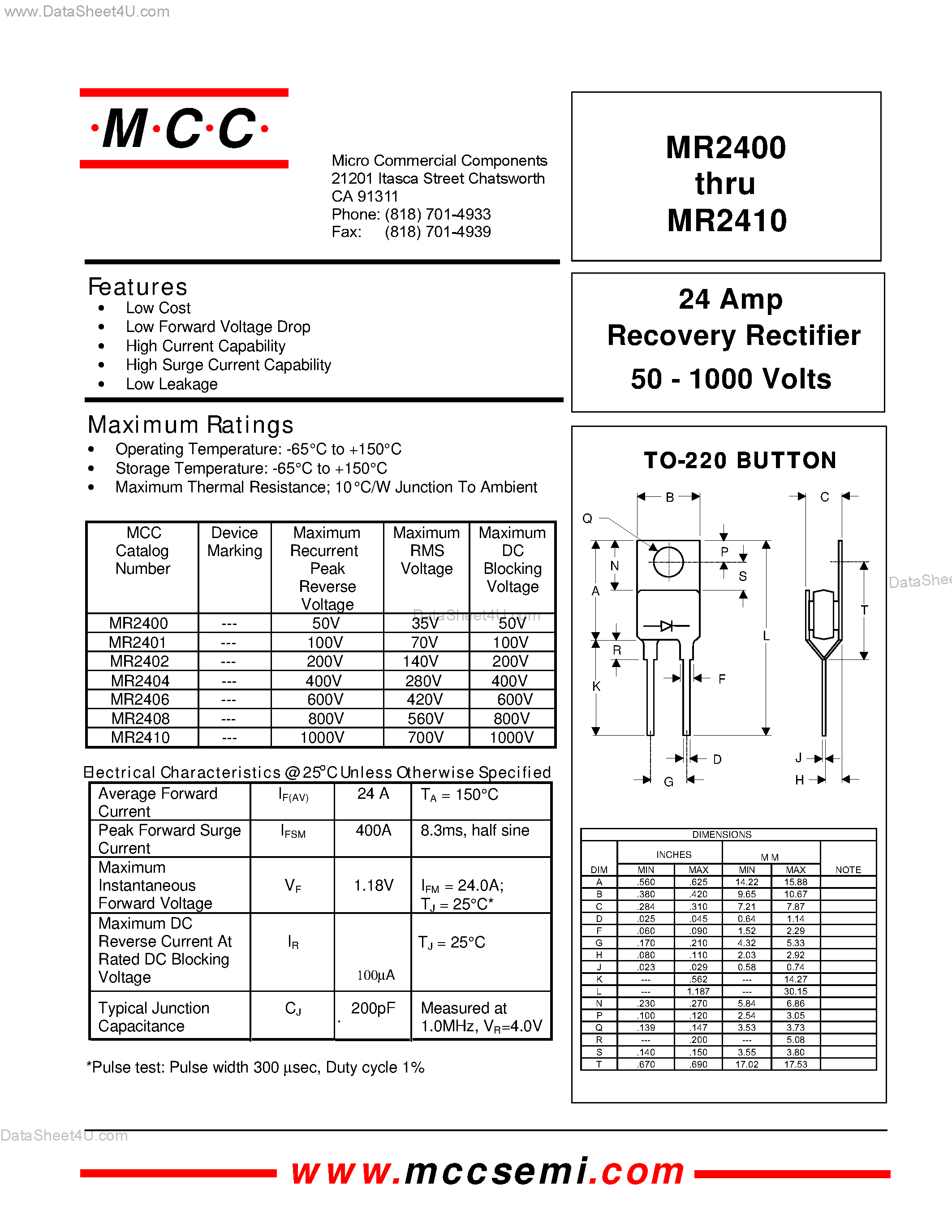 Даташит MR2400 - (MR2400 - MR2410) Recovery Rectifier 50 - 1000 Volts 24 Amp страница 1