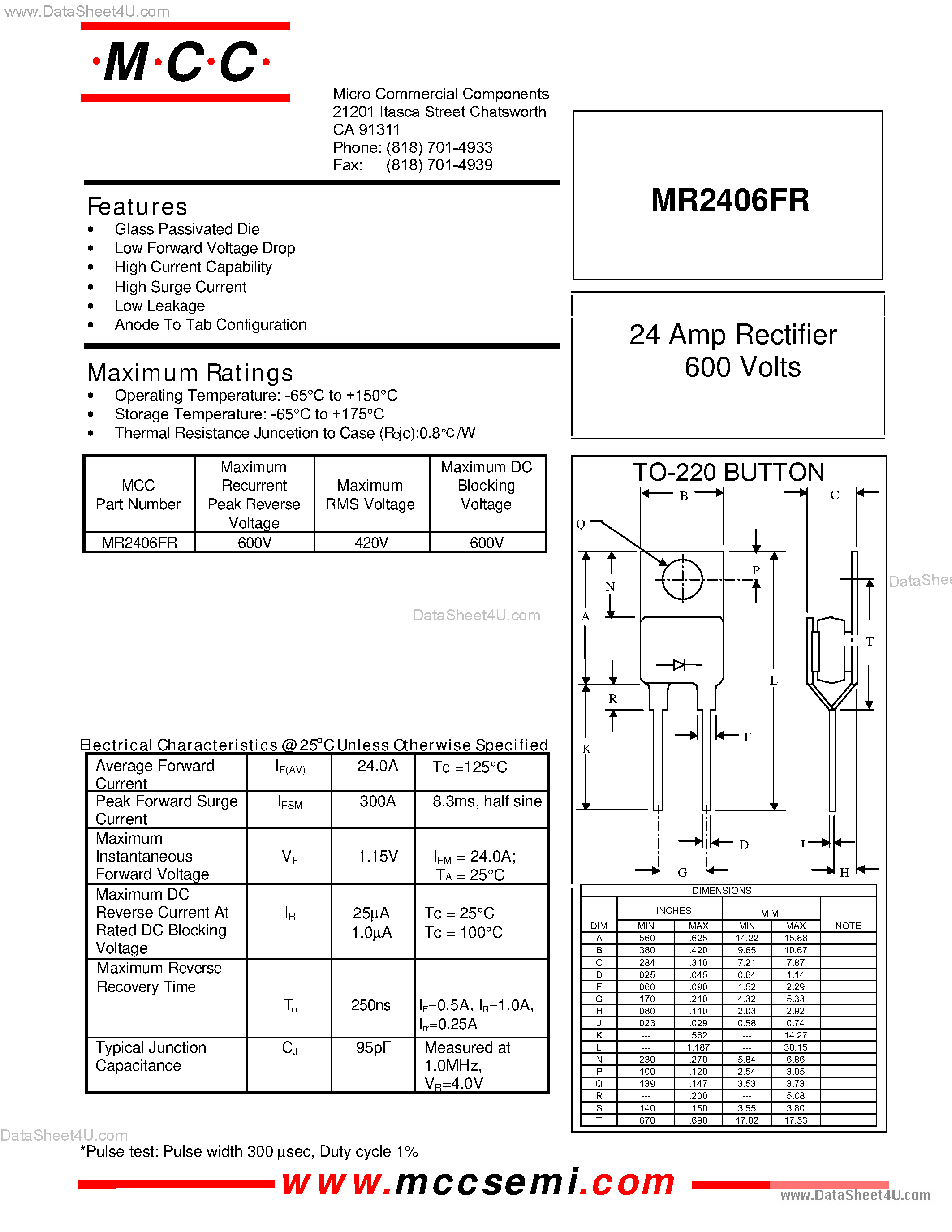 Даташит MR2406FR - 24 Amp Rectifier 600 Volts страница 1