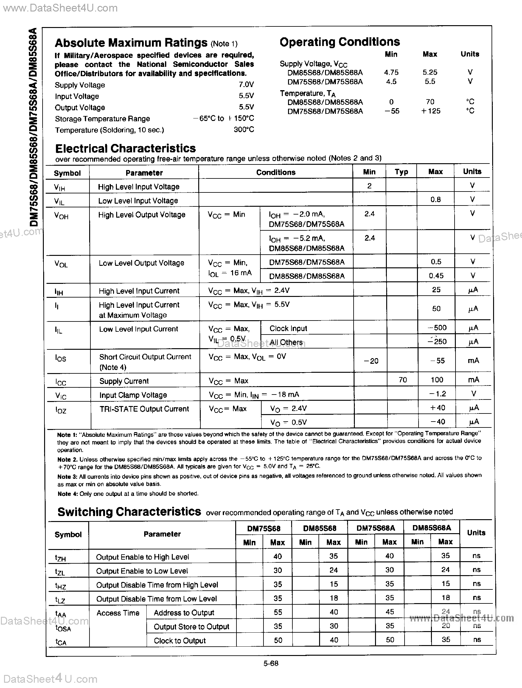 Datasheet DM85S68 page 2 Datasheet DM85S68 - 16 x 4 Edge Triggered Registers page 2