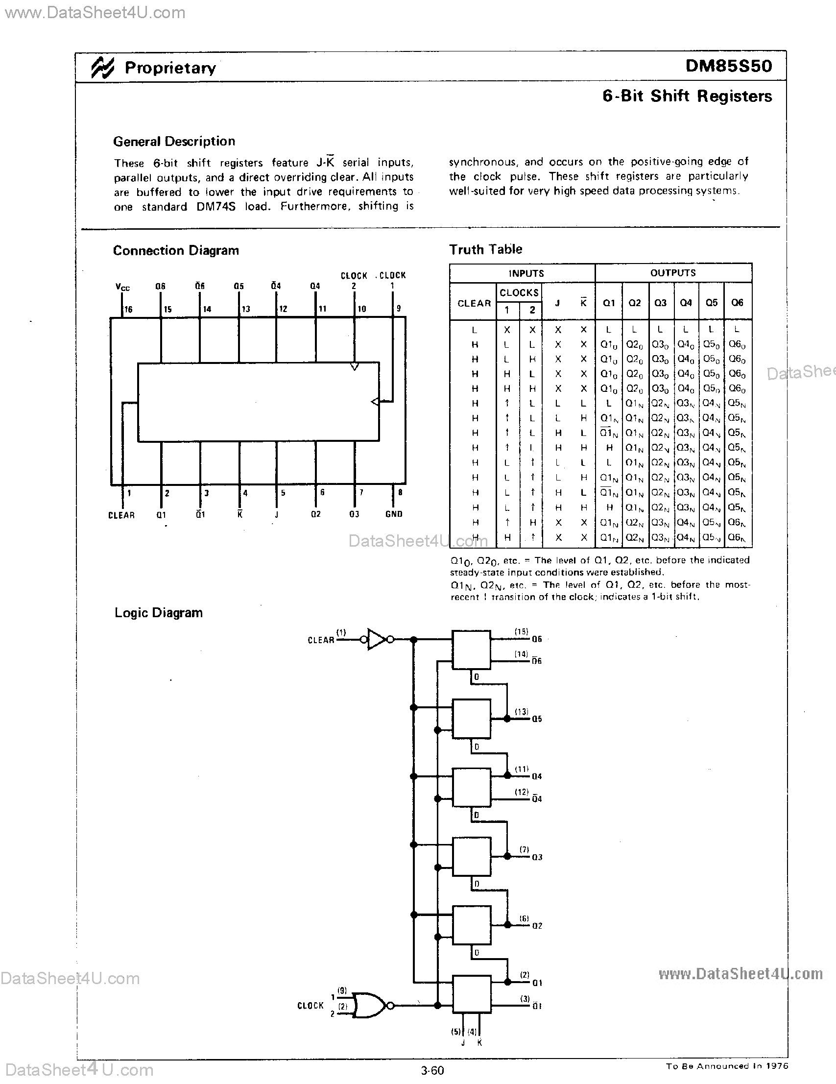 Datasheet DM85S50 - 6-Bit Shift Registers page 1