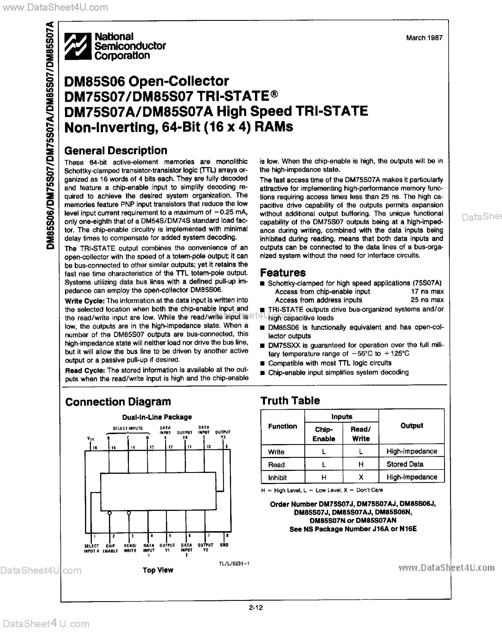 Datasheet DM85S06 page 1 Datasheet DM85S06 - (DM85S06 / DM85S07) High Speed TRI-STATE Non Inverting 64-Bit RAM page 1