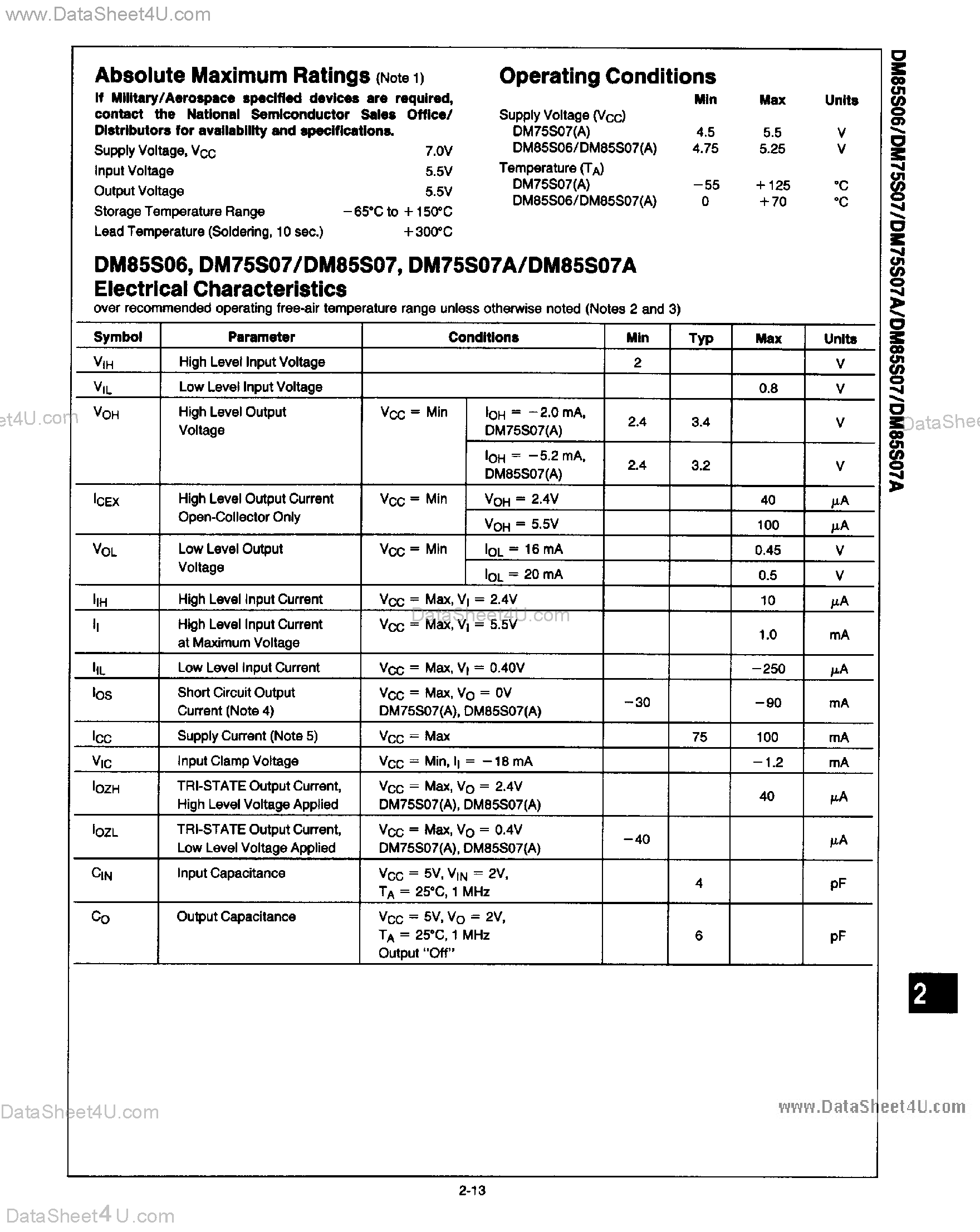 Datasheet DM85S06 page 2 Datasheet DM85S06 - (DM85S06 / DM85S07) High Speed TRI-STATE Non Inverting 64-Bit RAM page 2
