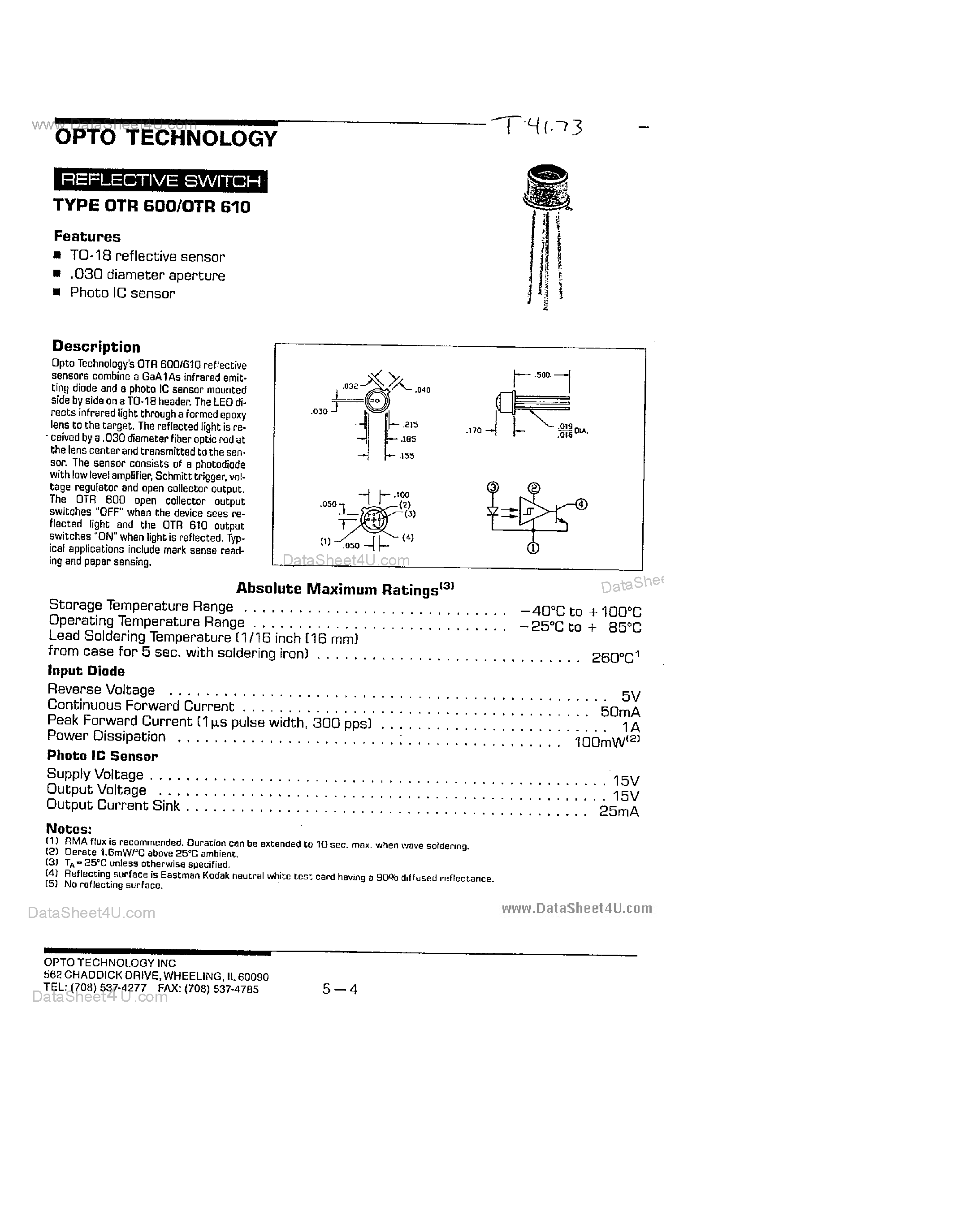 Datasheet OTR600 page 1 Datasheet OTR600 - (OTR600 / OTR610) Reflective Switch page 1