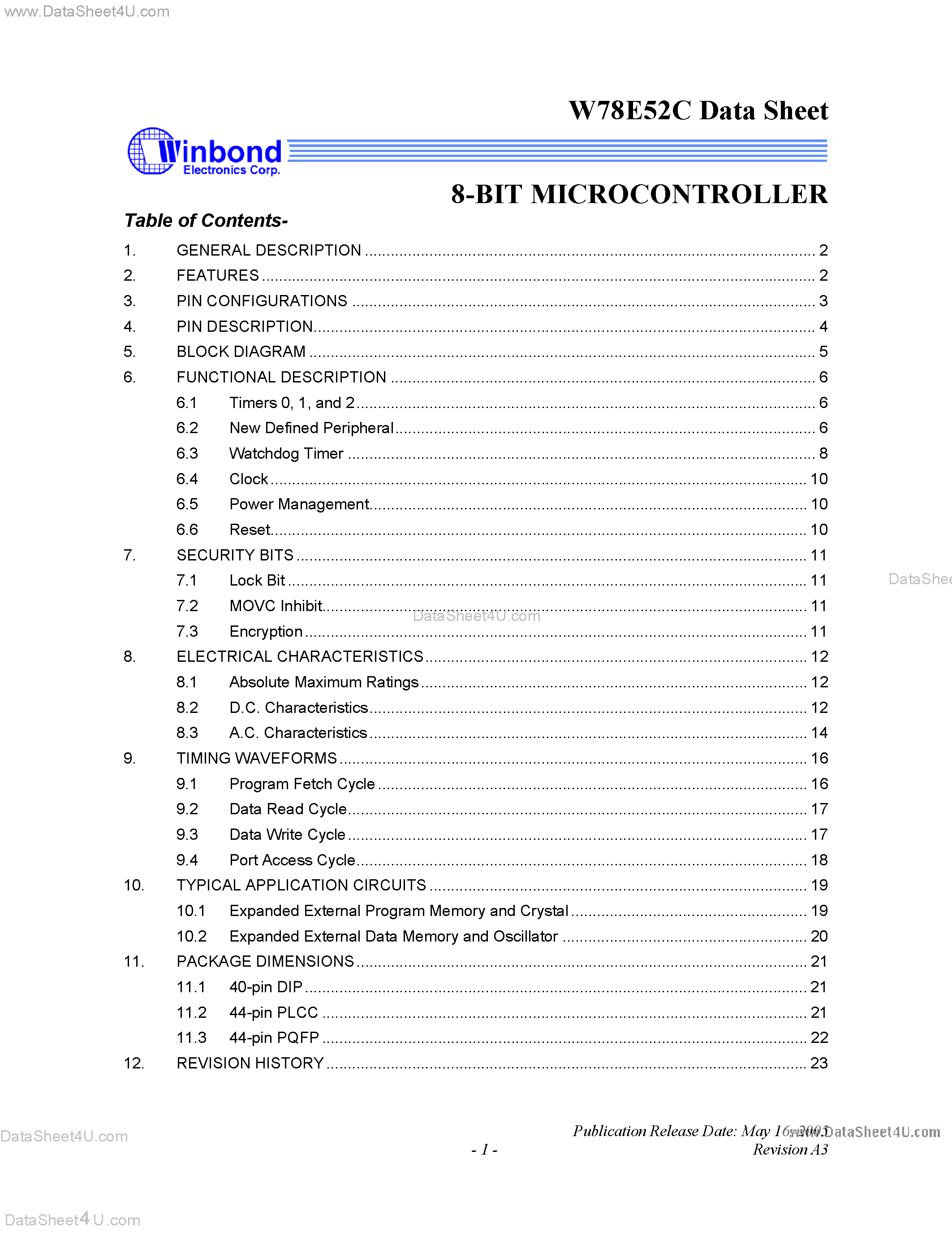 Datasheet W78E052C page 1 Datasheet W78E052C - 8-Bit Microcontroller page 1