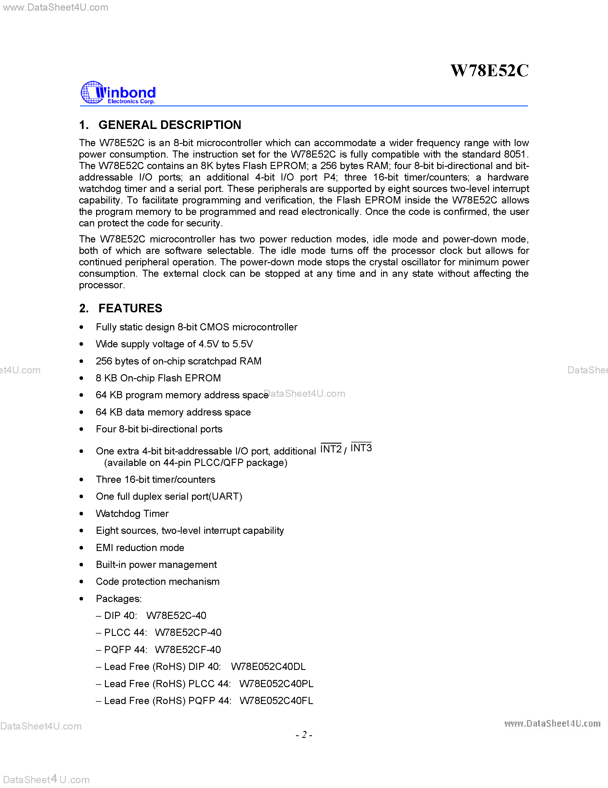 Datasheet W78E052C page 2 Datasheet W78E052C - 8-Bit Microcontroller page 2