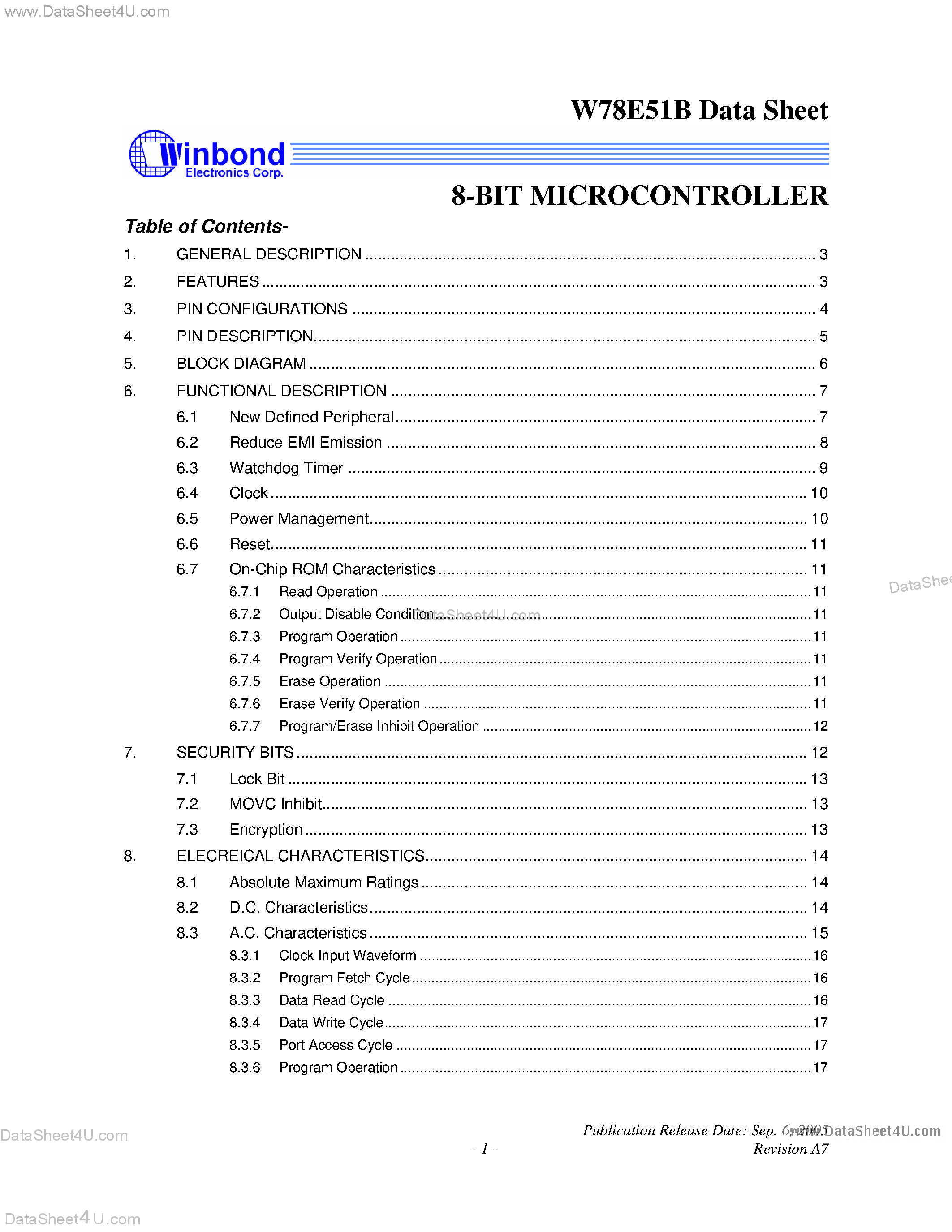 Datasheet W78E051B - 8-Bit Microcontroller page 1