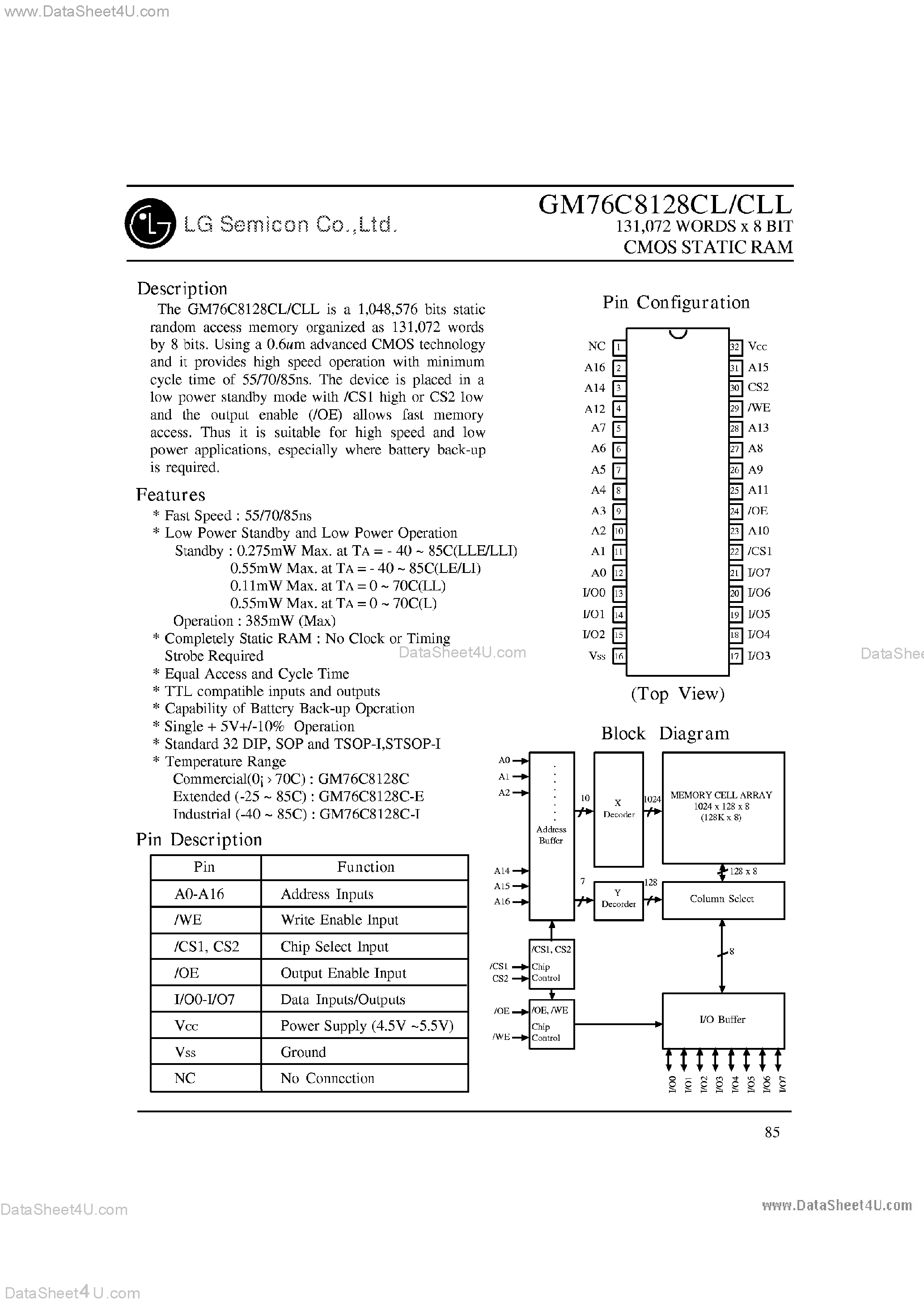 Даташит на микросхему GM76C8128CLL страница 1 Даташит GM76C8128CLL - CMOS Static RAM страница 1