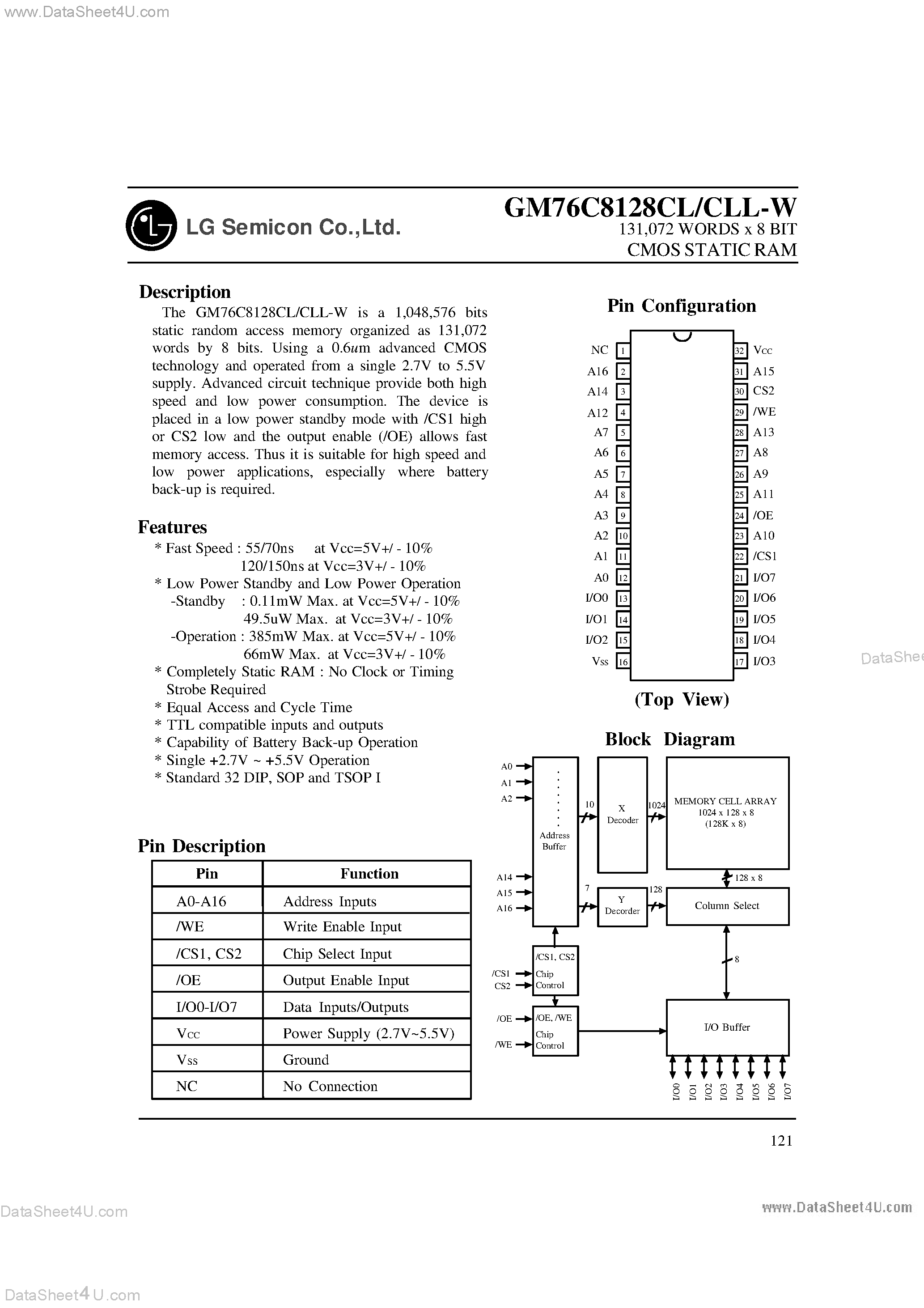 Datasheet GM76C8128CL page 1 Datasheet GM76C8128CL - CMOS Static RAM page 1