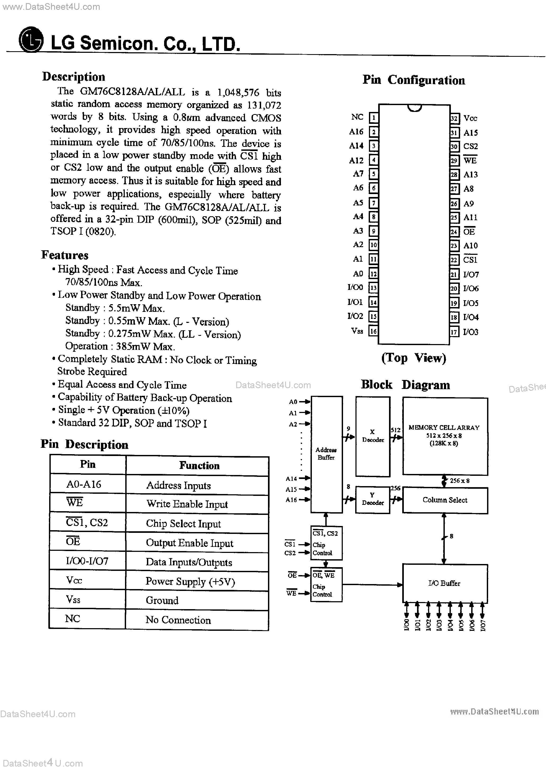 Даташит на микросхему GM76C8128A страница 1 Даташит GM76C8128A - CMOS Static RAM страница 1