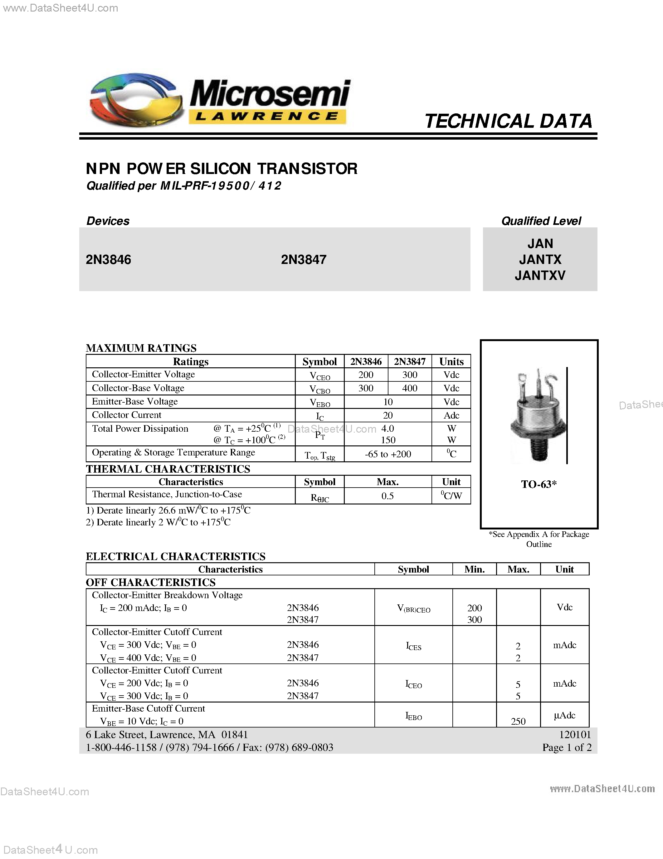 Datasheet 2N3846 - (2N3846 / 2N3847) NPN POWER SILICON TRANSISTOR page 1