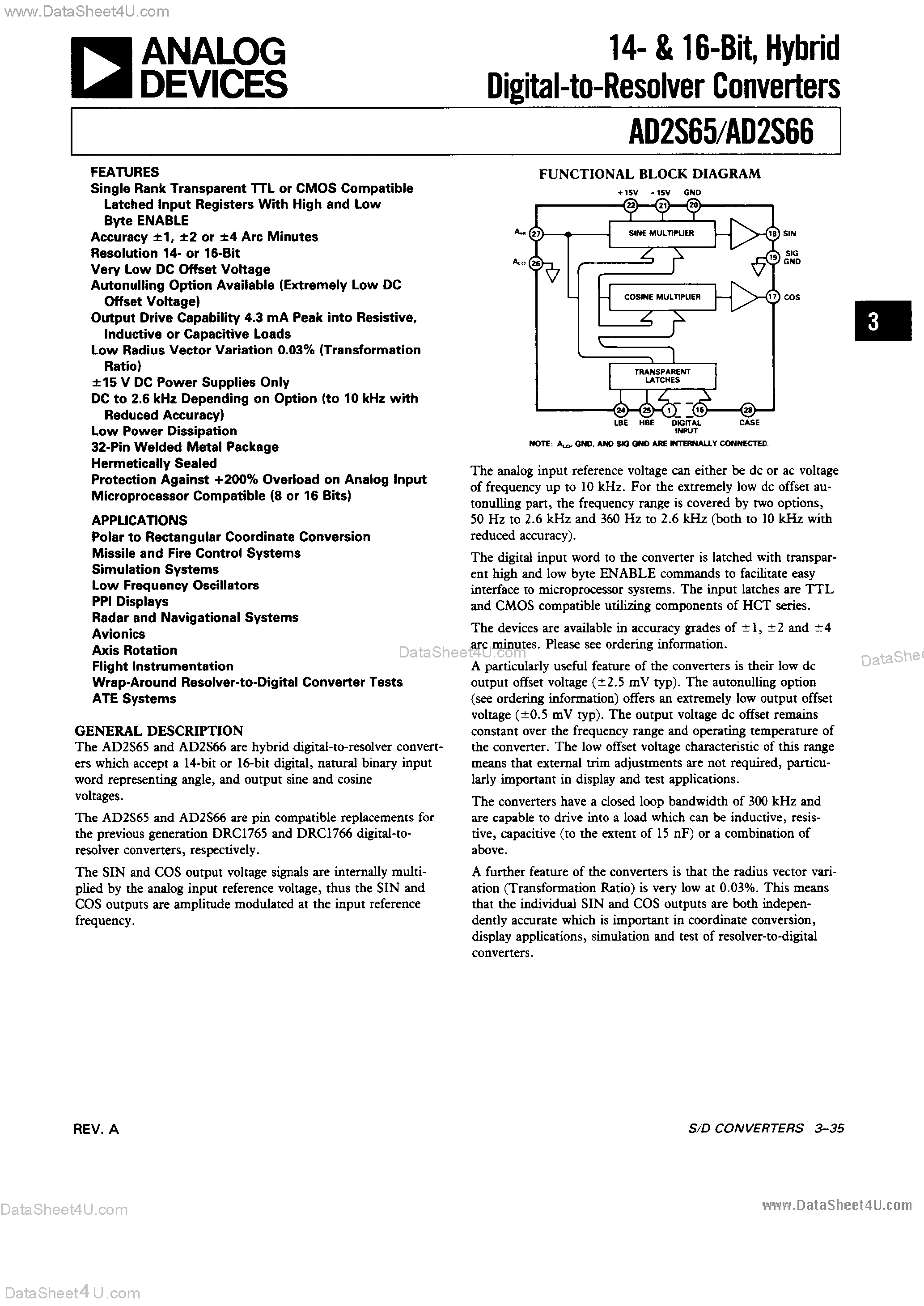 Datasheet AD2S65 - (AD2S65 / AD2S66) Hybrid Digital to Resolver Converters page 1