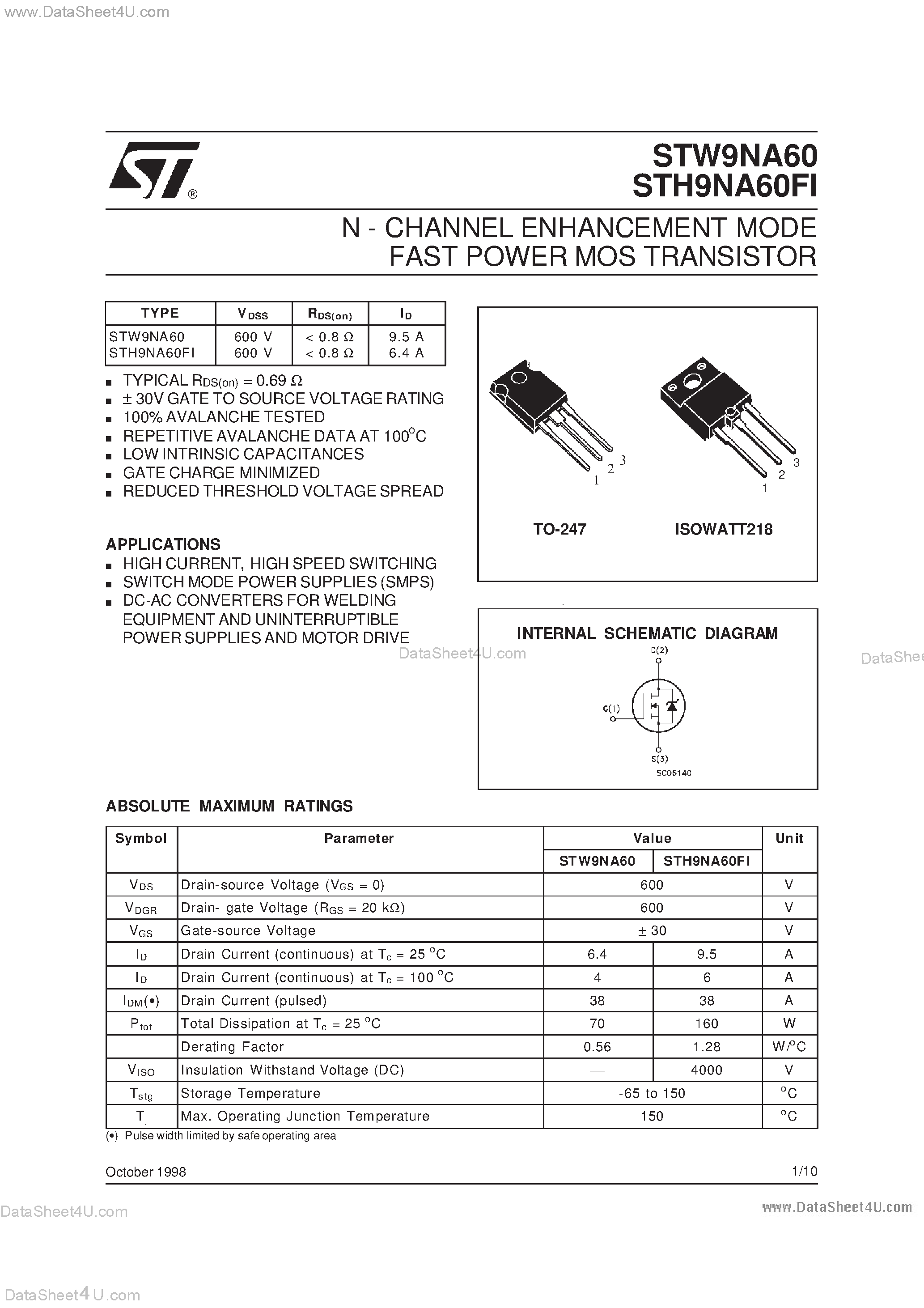 Datasheet STW9NA60 page 1 Datasheet STW9NA60 - N - CHANNEL ENHANCEMENT MODE FAST POWER MOS TRANSISTOR page 1